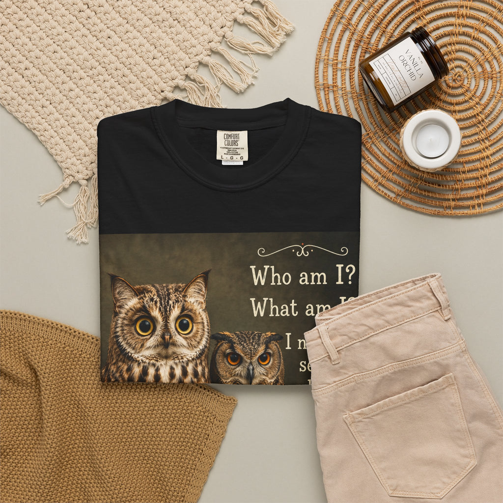 T-Shirt - Cat-Owl Pair with 'What Am I?' Quote for Pet Lovers - Ideal for cat and owl lovers alike