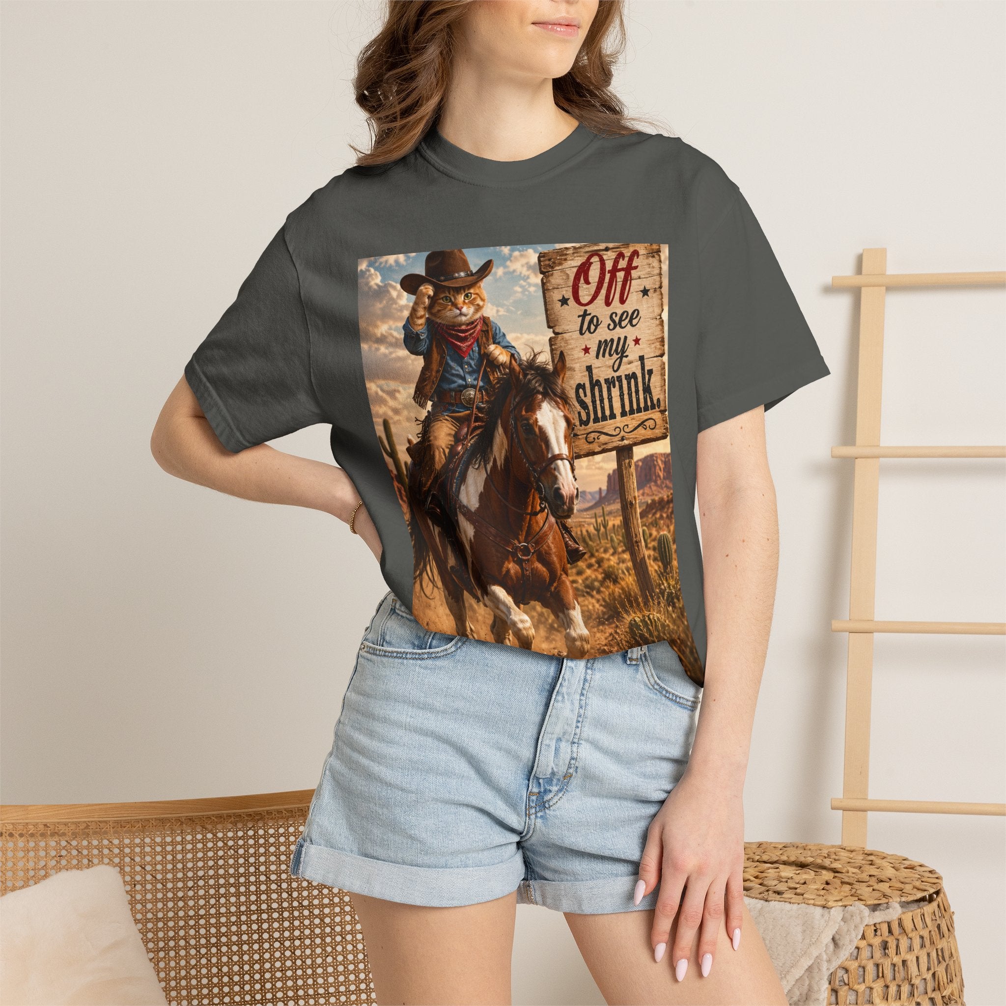 Cowboy Cat T-Shirt - Humor in Riding Horse in Dusty Fields with 'Off to See My Shrink' Sign