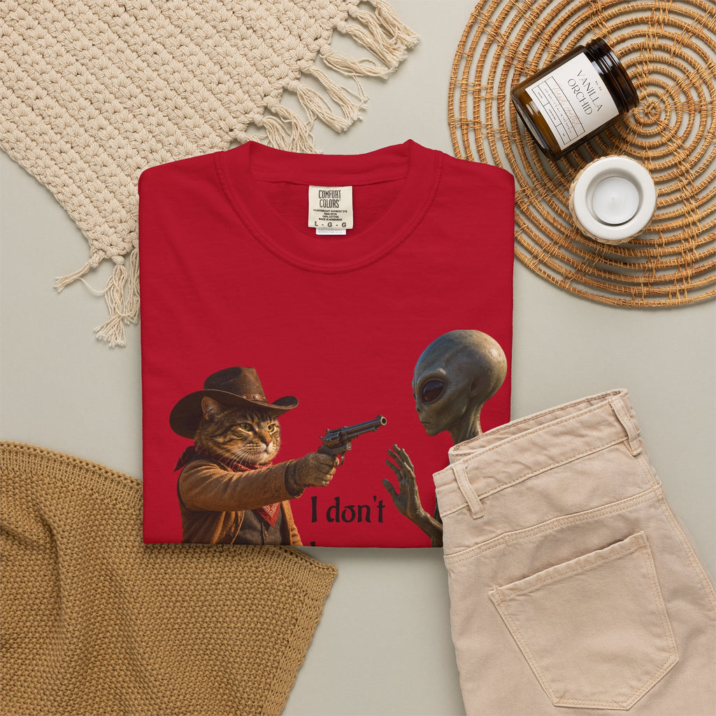Funny Alien T-Shirt - Cat Cowboy Western Sci-Fi Graphic Tee, Cat Cowboy Meets Alien