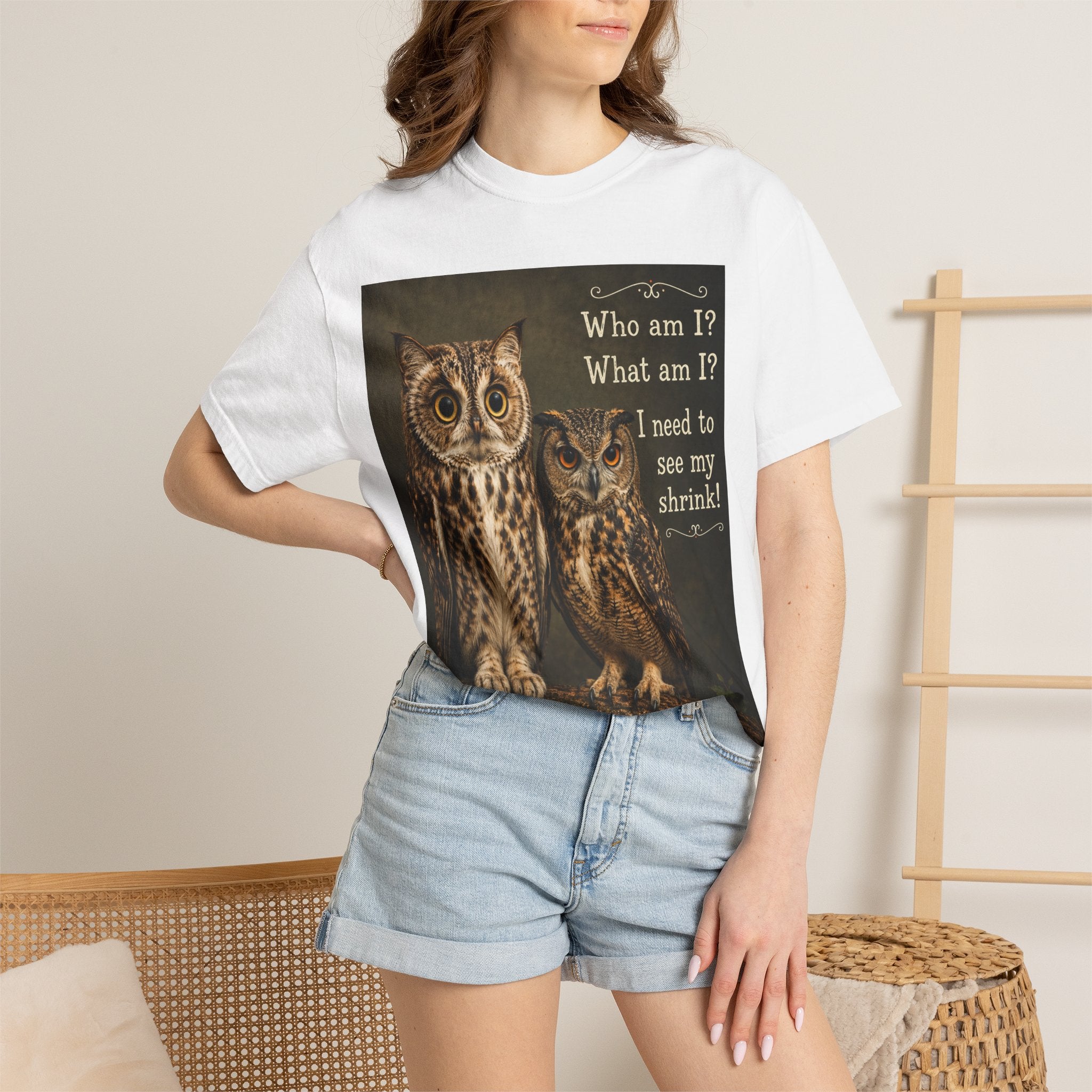 T-Shirt - Cat-Owl Pair with 'What Am I?' Quote for Pet Lovers - Ideal for cat and owl lovers alike