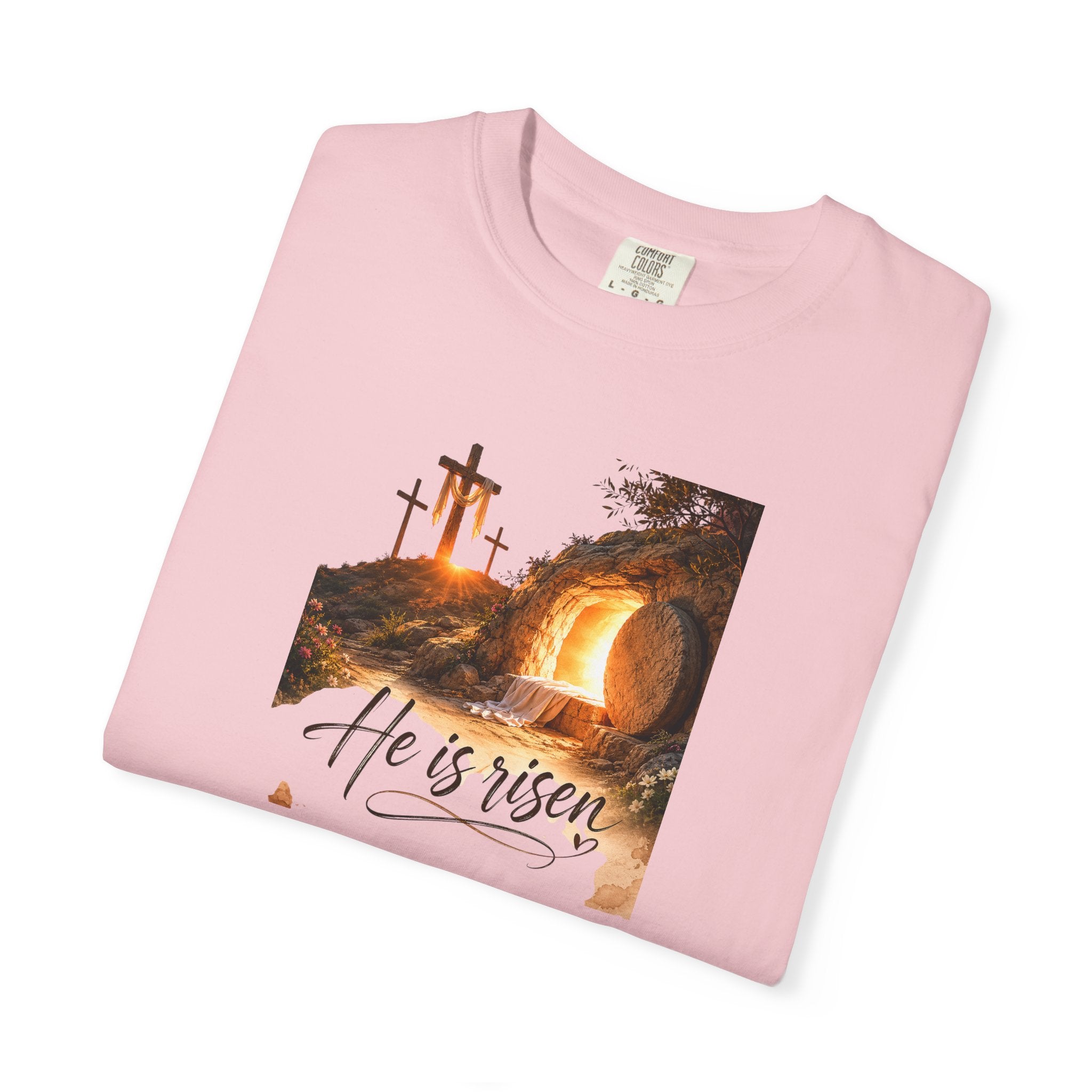 He Is Risen T-Shirt - a wearable reminder of hope and new beginnings.  Wear it to sunrise services, family gatherings,