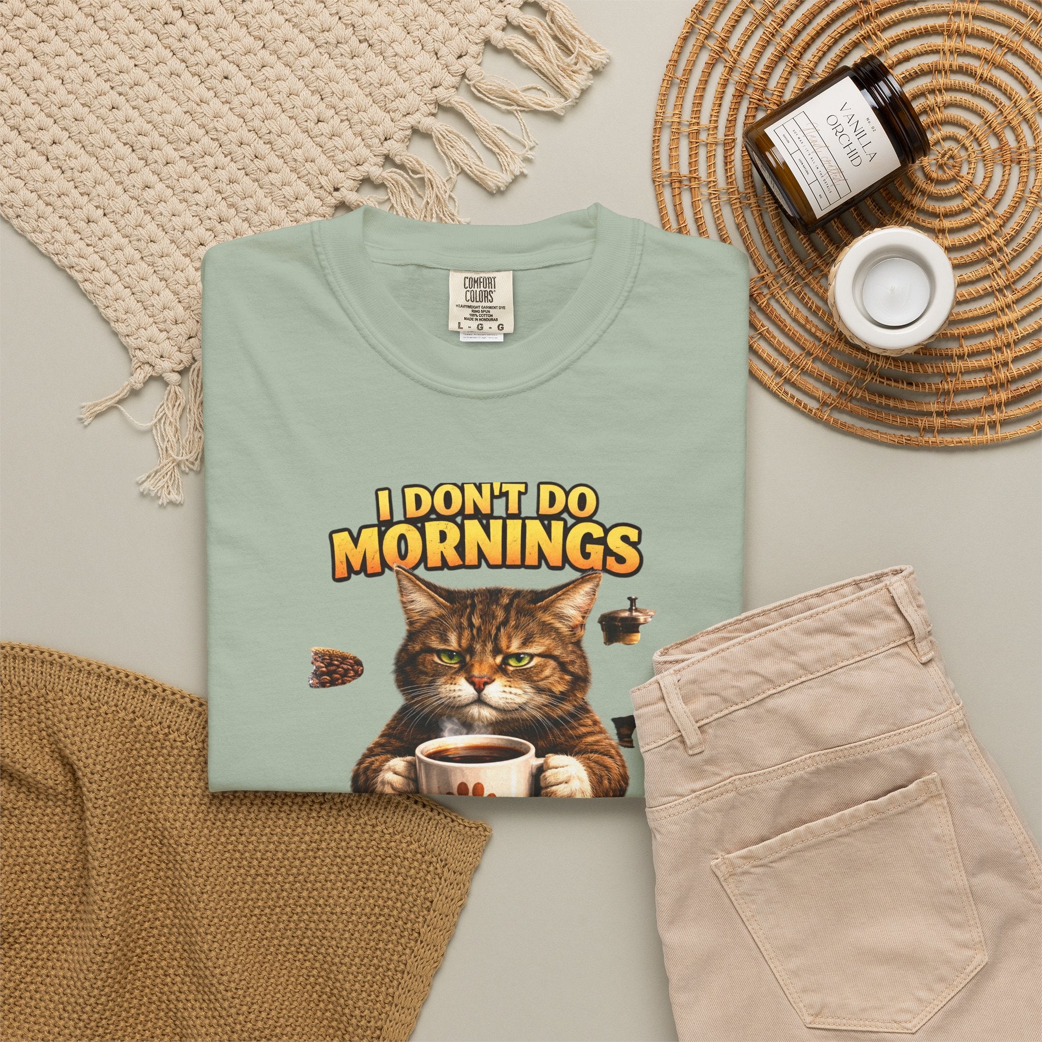 Funny T‑Shirt Cat Quote: I Don't Do Mornings Without Coffee - Perfect for Cat Lovers