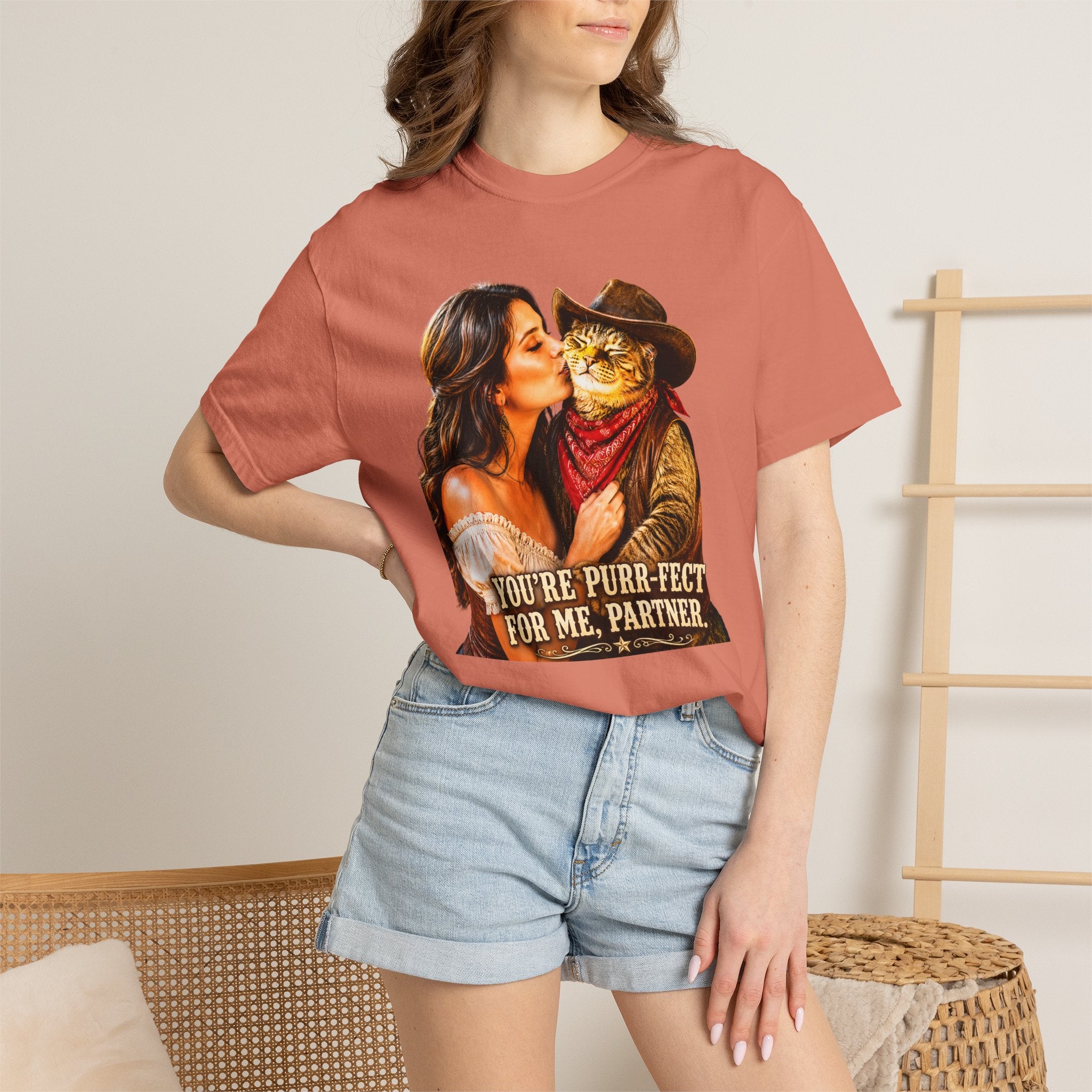 Charming Saloon Kiss By a Beautiful Lady - Cowboy Cat T-Shirt, Brings the Fun of a Feline Cowboy
