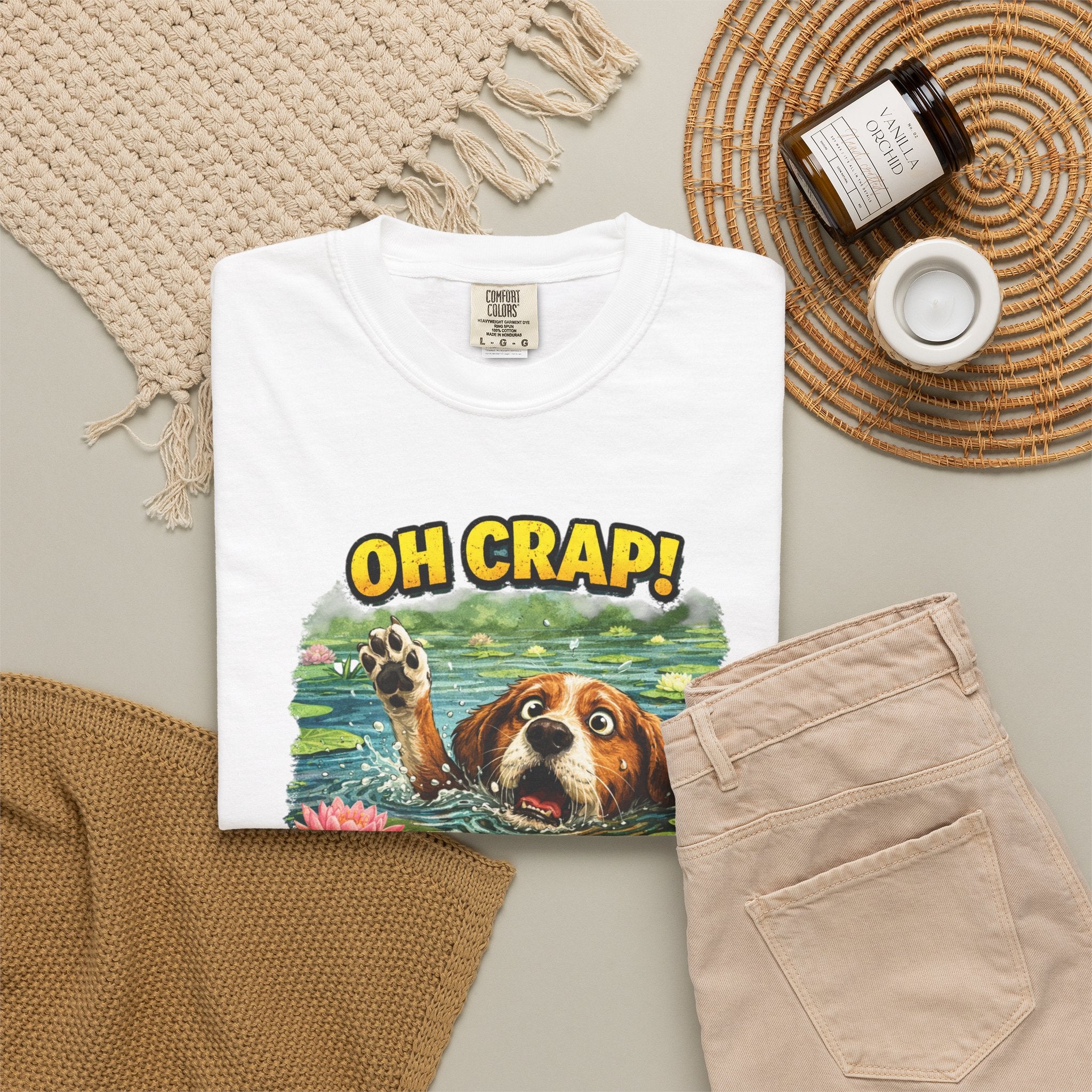 Quirky T-Shirt Doggy Waddle & Quote: Oh Crap! Not Doggie Paddle, Playful pup, Cheeky Caption,