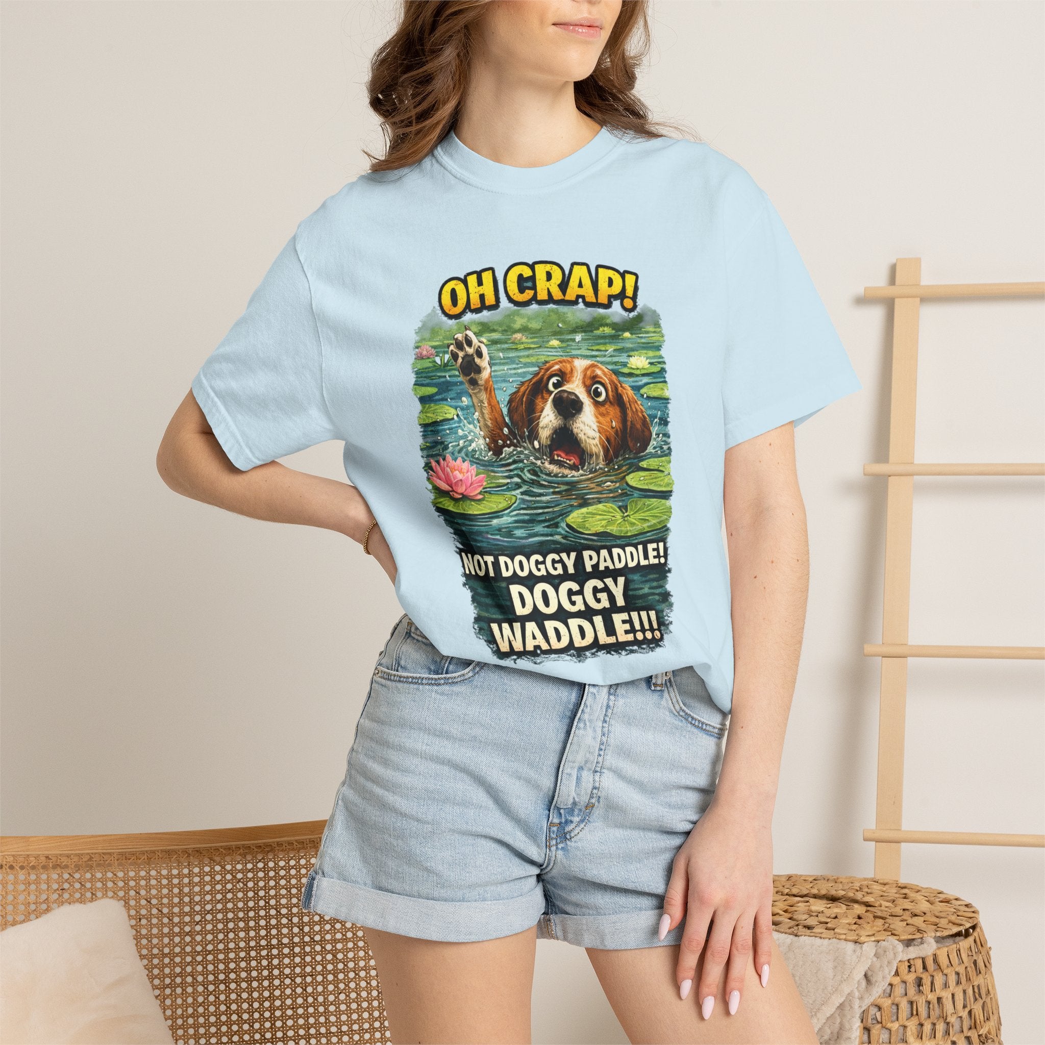 Quirky T-Shirt Doggy Waddle & Quote: Oh Crap! Not Doggie Paddle, Playful pup, Cheeky Caption,