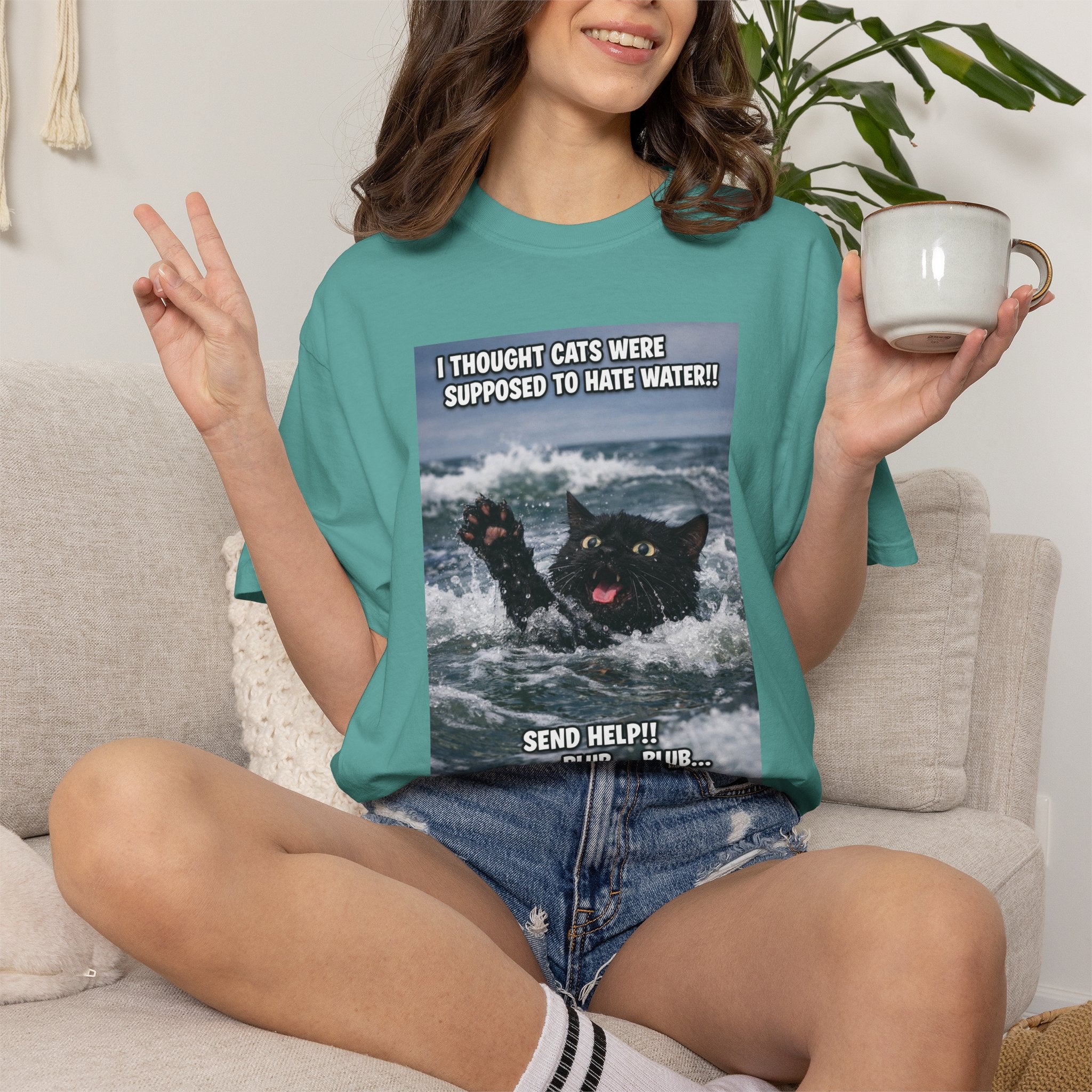 Funny Cat Rescue Meme T-Shirt — "I Thought Cats Were Supposed to Hate Water!" -  Playful Sightly Absurd Image