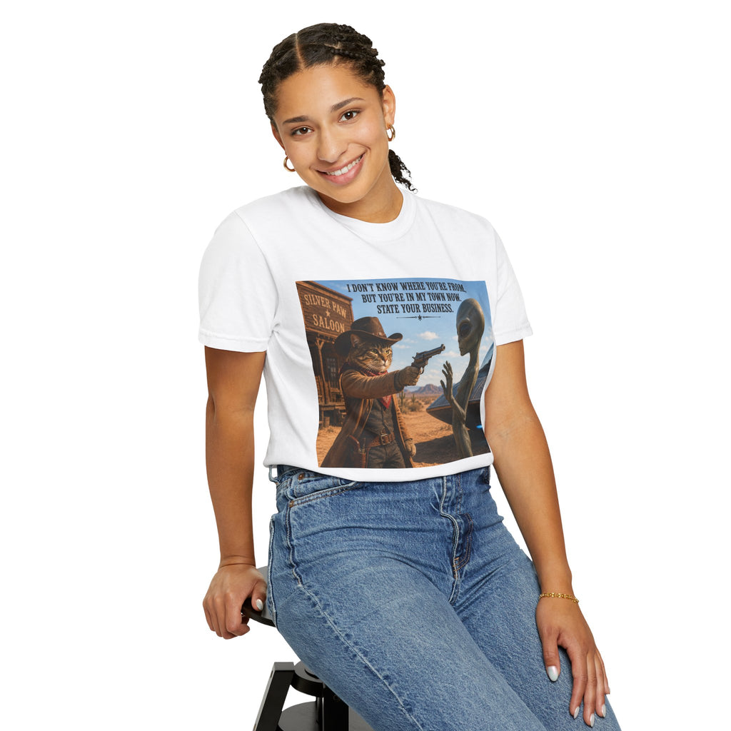Funny Cat Cowboy, Alien T-Shirt - Western Sci-Fi Graphic Tee, Cat Cowboy Meets Alien