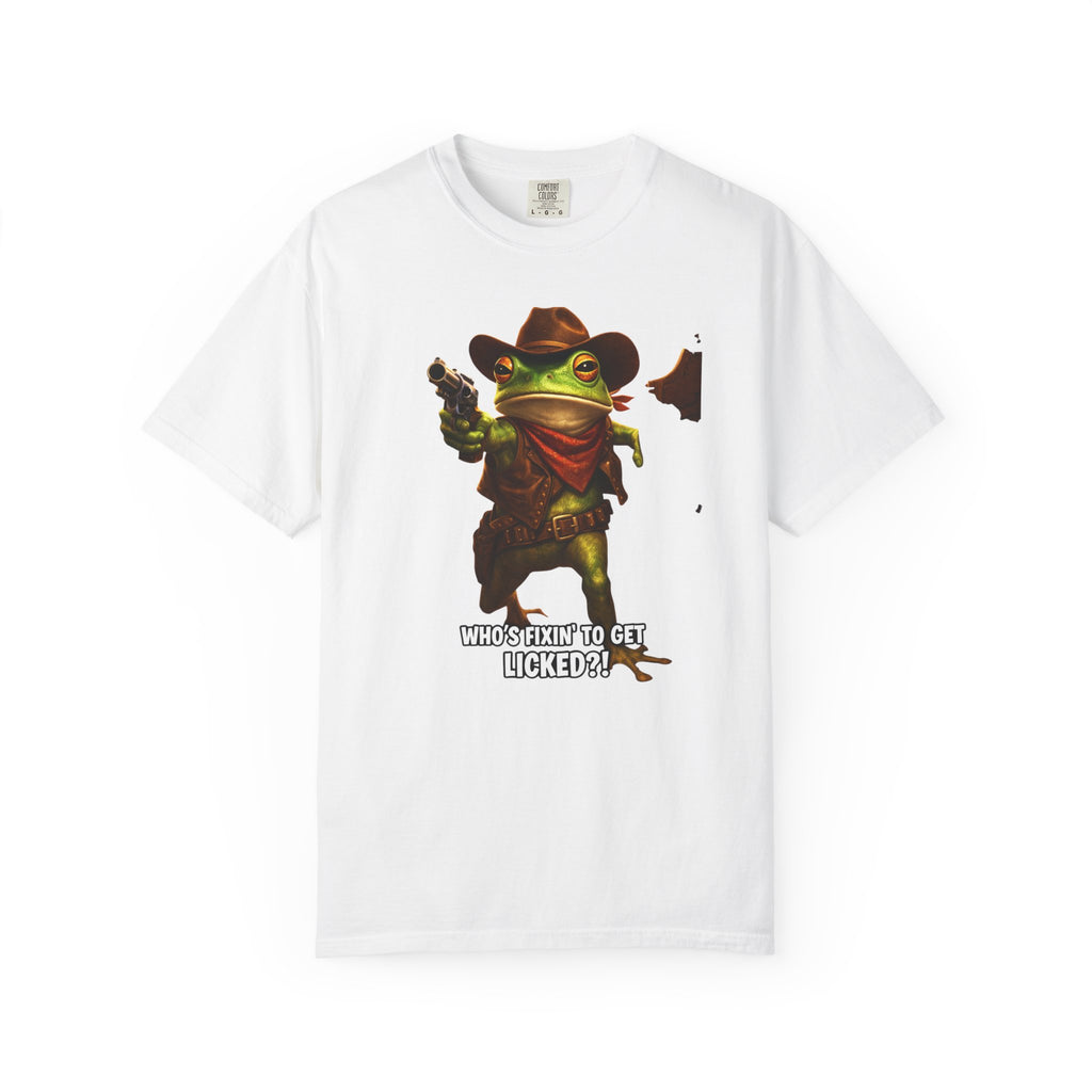 Cute Frog Cowboy T-Shirt – "Who’s Fixin' to Get Licked?" - A playful Image That Sparks Conversation