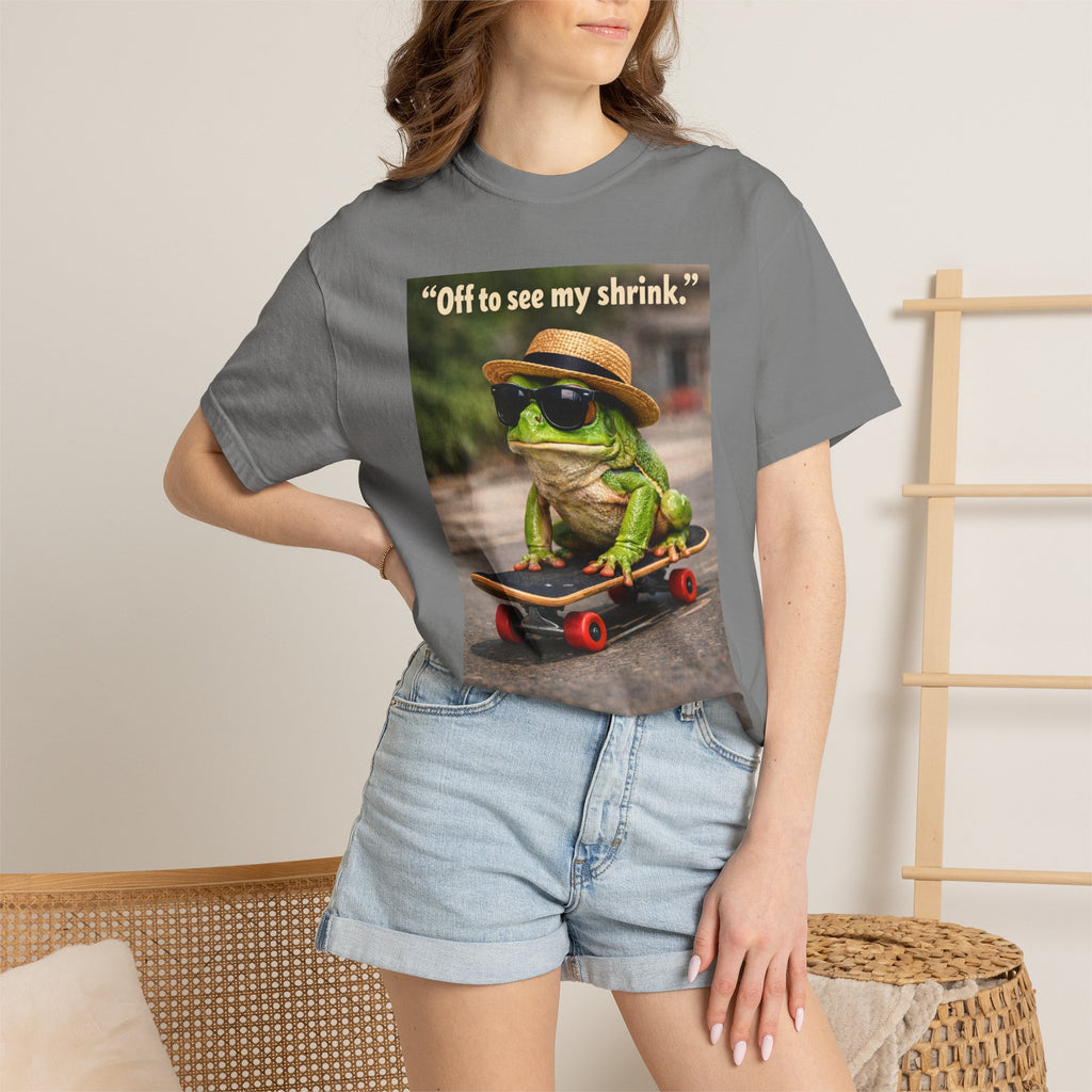 Frog on Skateboard T-Shirt — "Off to see my shrink."  A laugh-out-loud conversation starter on 