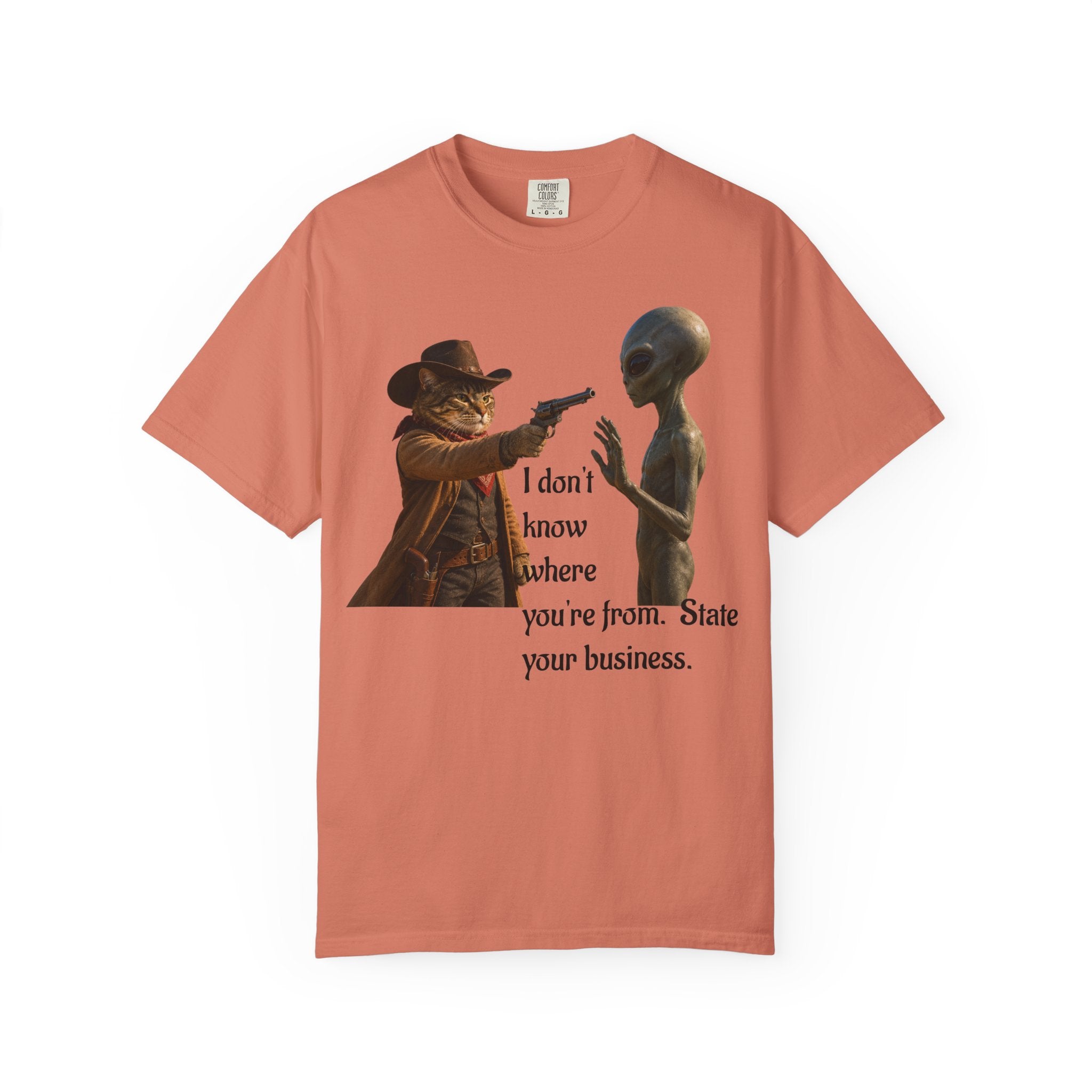 Funny Alien T-Shirt - Cat Cowboy Western Sci-Fi Graphic Tee, Cat Cowboy Meets Alien