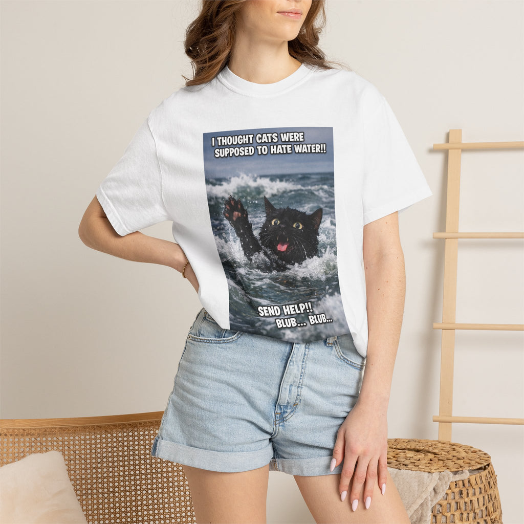 Funny Cat Rescue Meme T-Shirt — "I Thought Cats Were Supposed to Hate Water!" -  Playful Sightly Absurd Image