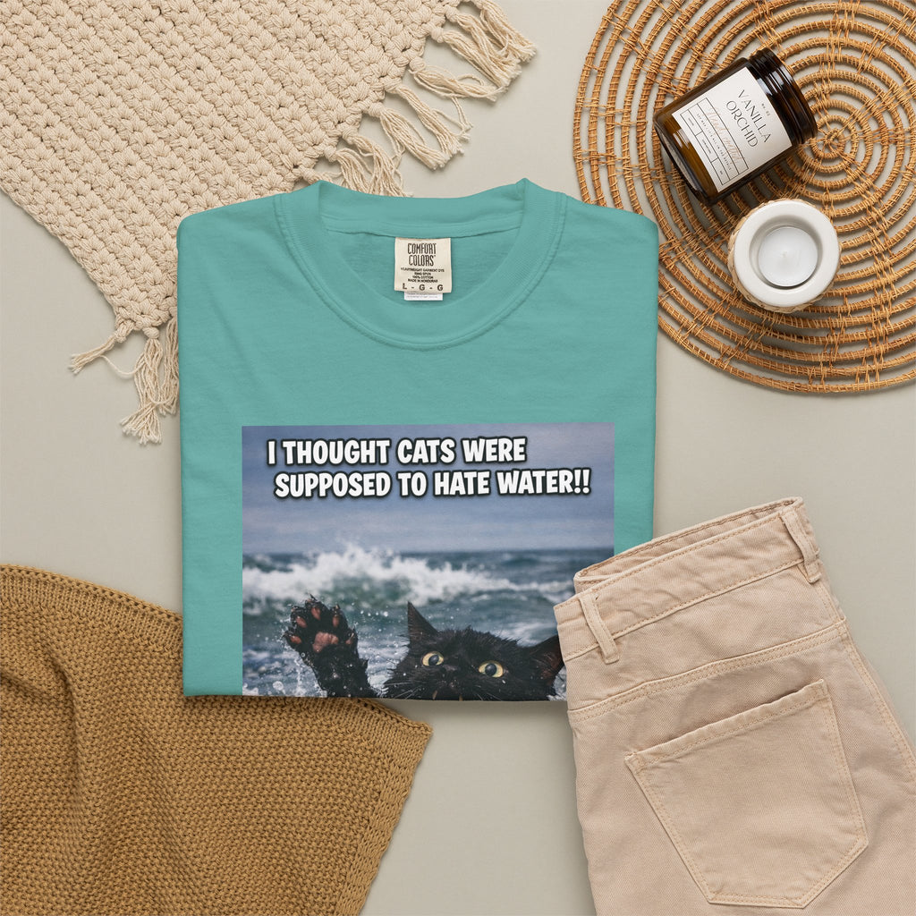Funny Cat Rescue Meme T-Shirt — "I Thought Cats Were Supposed to Hate Water!" -  Playful Sightly Absurd Image