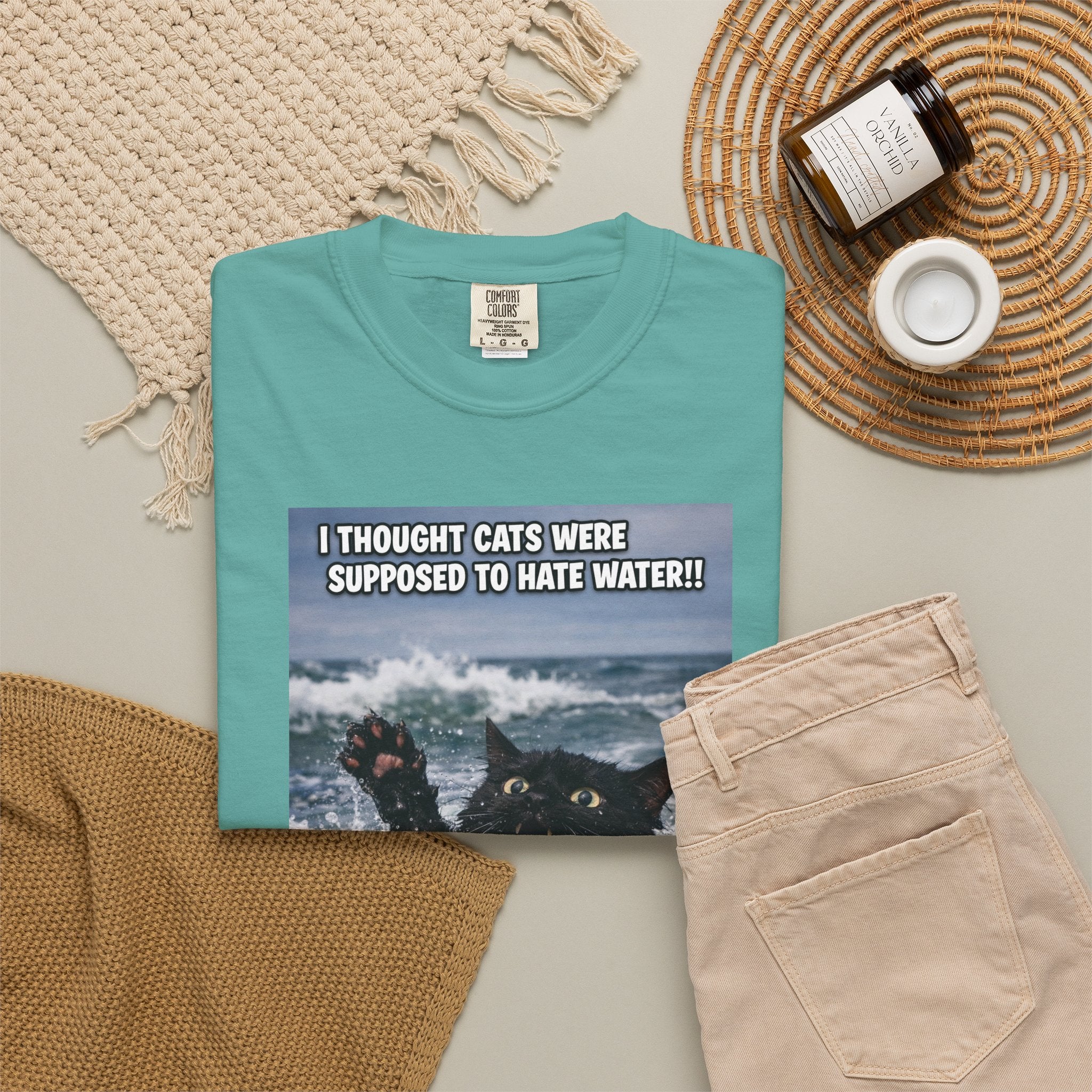 Funny Cat Rescue Meme T-Shirt — "I Thought Cats Were Supposed to Hate Water!" -  Playful Sightly Absurd Image