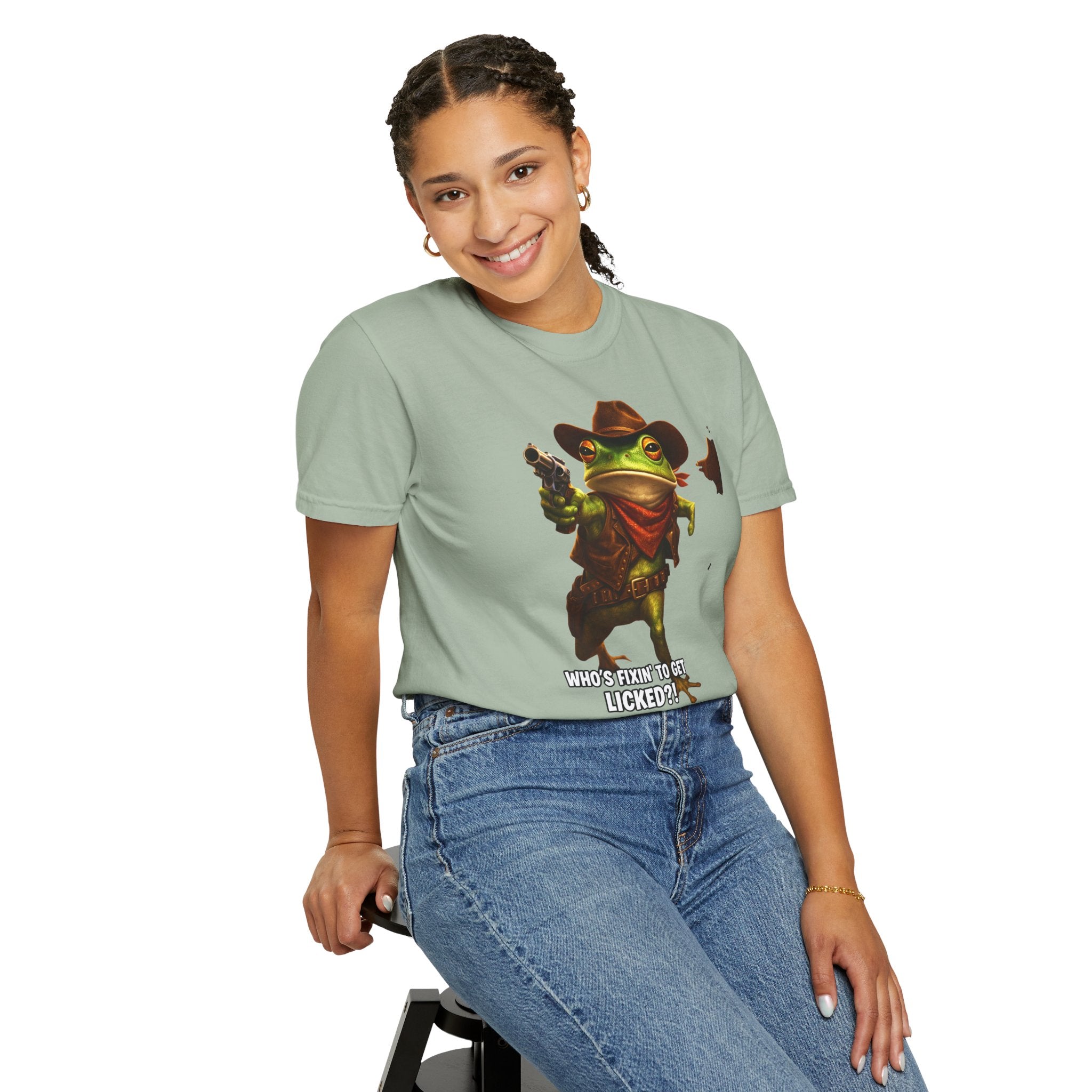 Cute Frog Cowboy T-Shirt – "Who’s Fixin' to Get Licked?" - A playful Image That Sparks Conversation