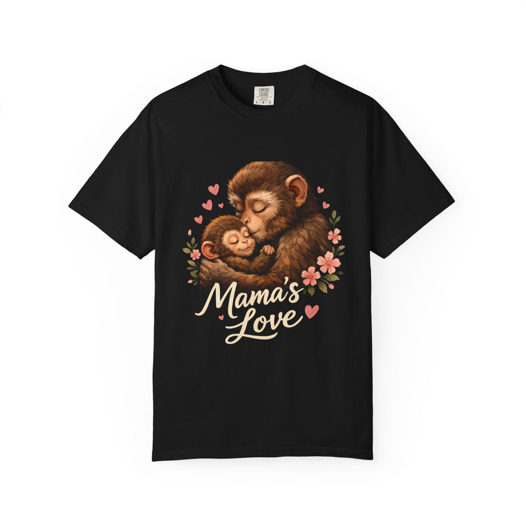 Mama's Love T-Shirt — Cute Mom & Baby Monkey Graphic Tee, a warm hug between parent and child.