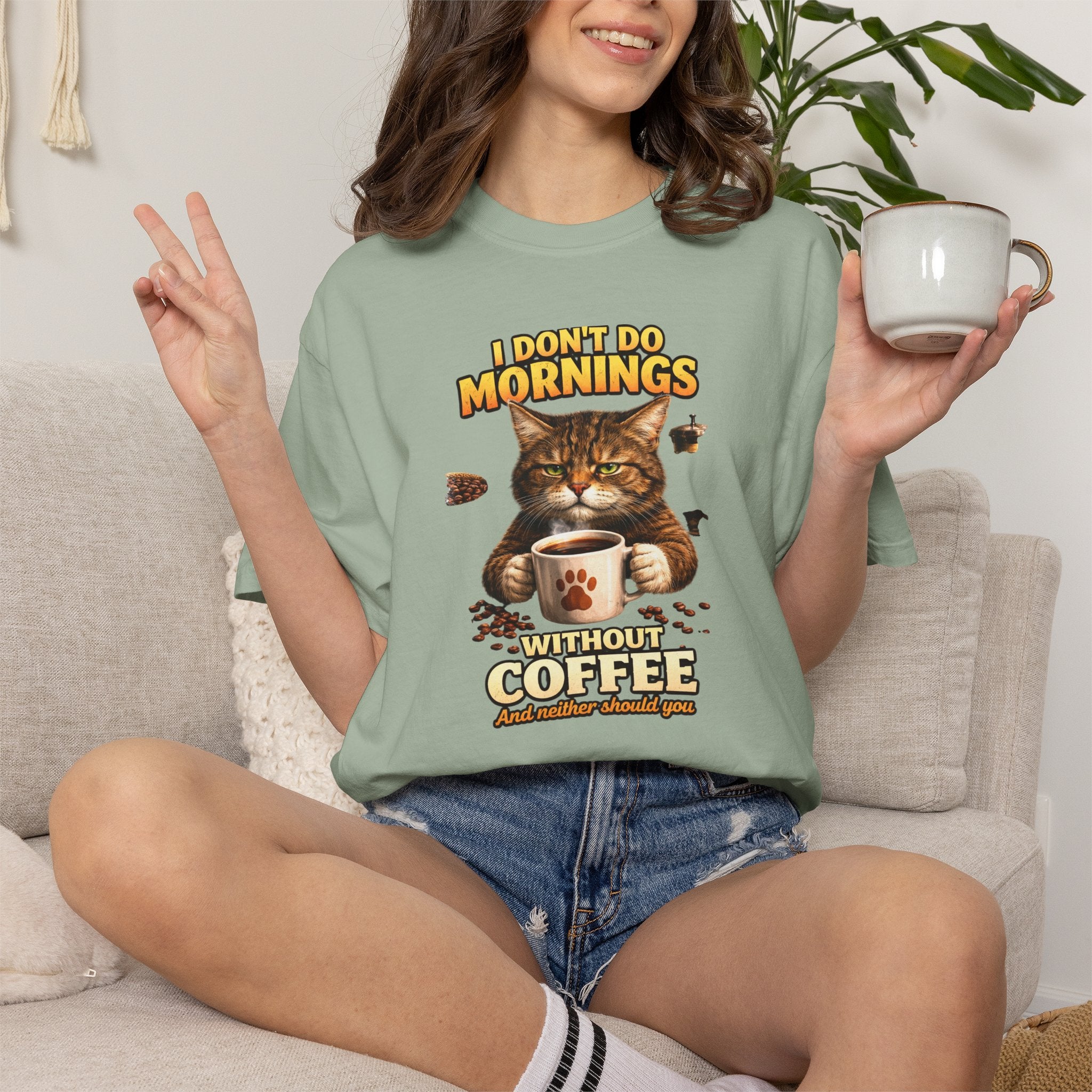 Funny T‑Shirt Cat Quote: I Don't Do Mornings Without Coffee - Perfect for Cat Lovers