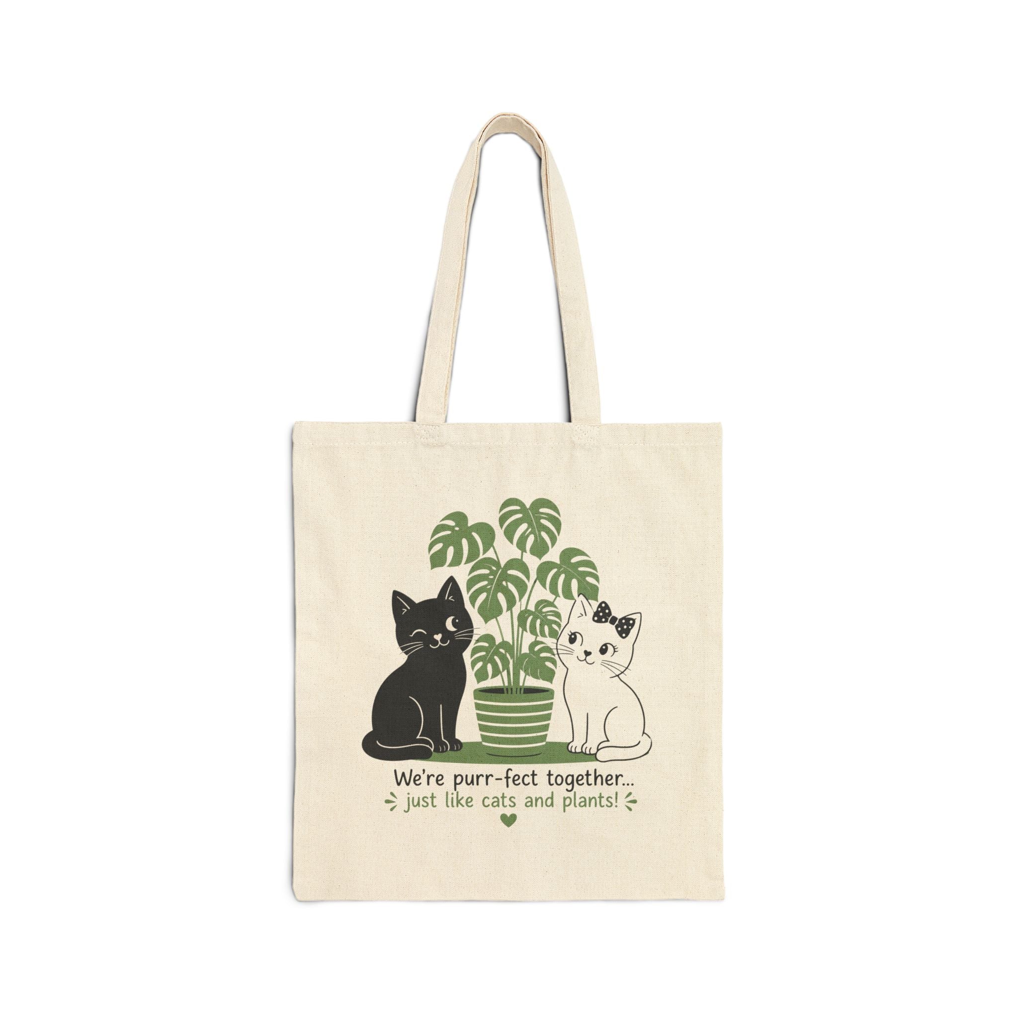 Cotton Canvas Tote - Cute White & Black Cat Charming Love Design - Perfect Together