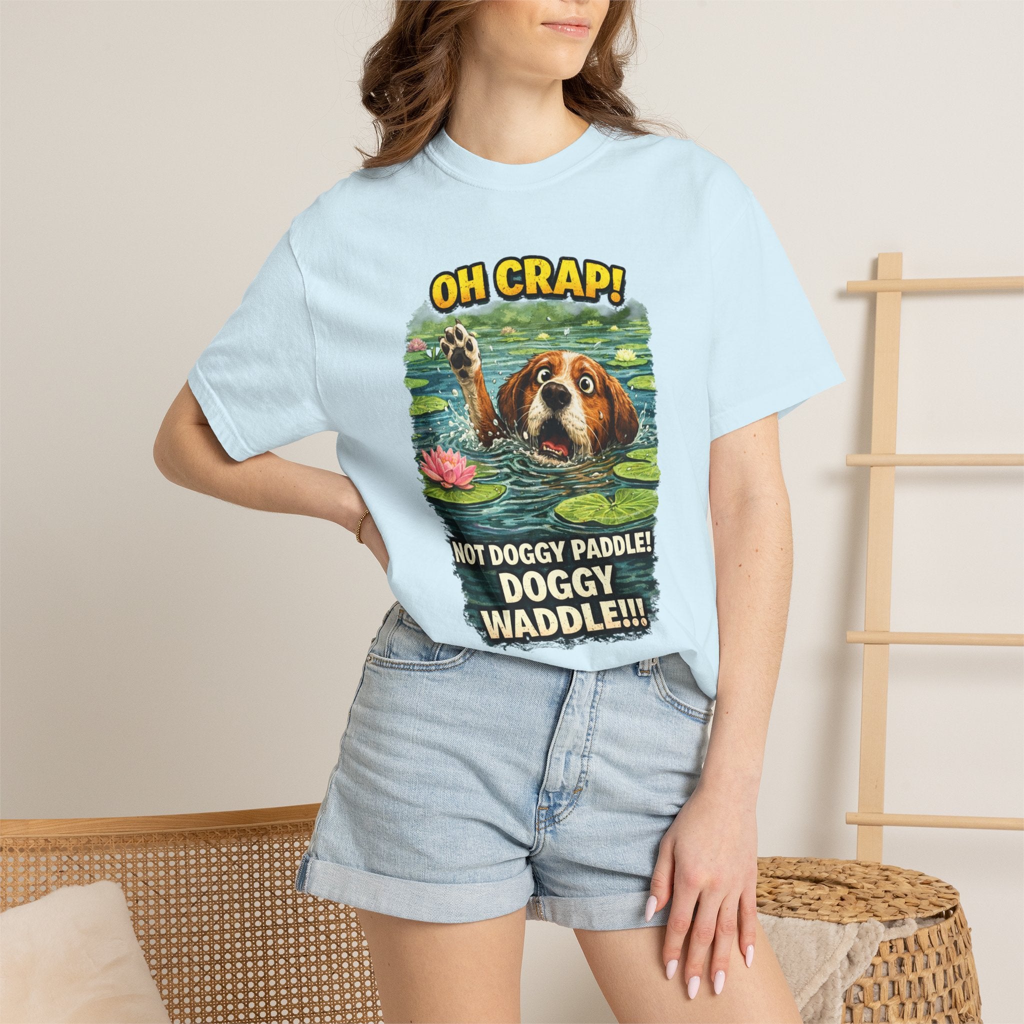 Quirky Doggy Waddle T-Shirt , Playful Pup Cheeky Caption & Quote: Oh Crap! Not Doggie Paddle