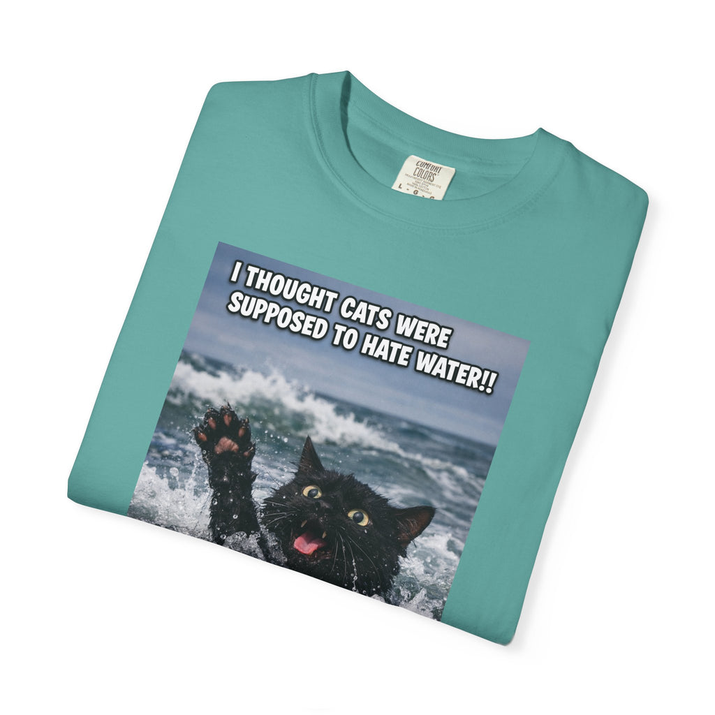 Funny Cat Rescue Meme T-Shirt — "I Thought Cats Were Supposed to Hate Water!" -  Playful Sightly Absurd Image