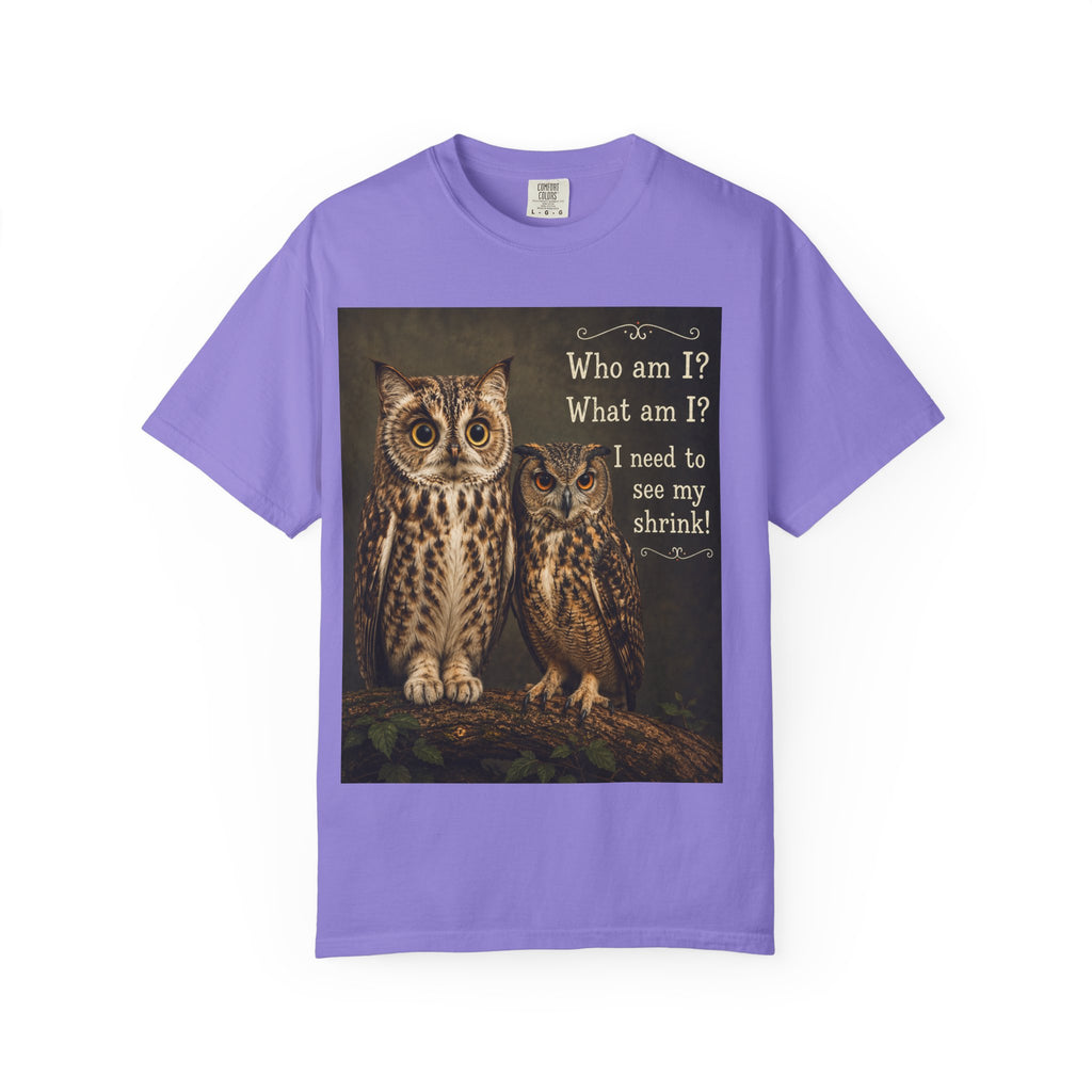 T-Shirt - Cat-Owl Pair with 'What Am I?' Quote for Pet Lovers - Ideal for cat and owl lovers alike