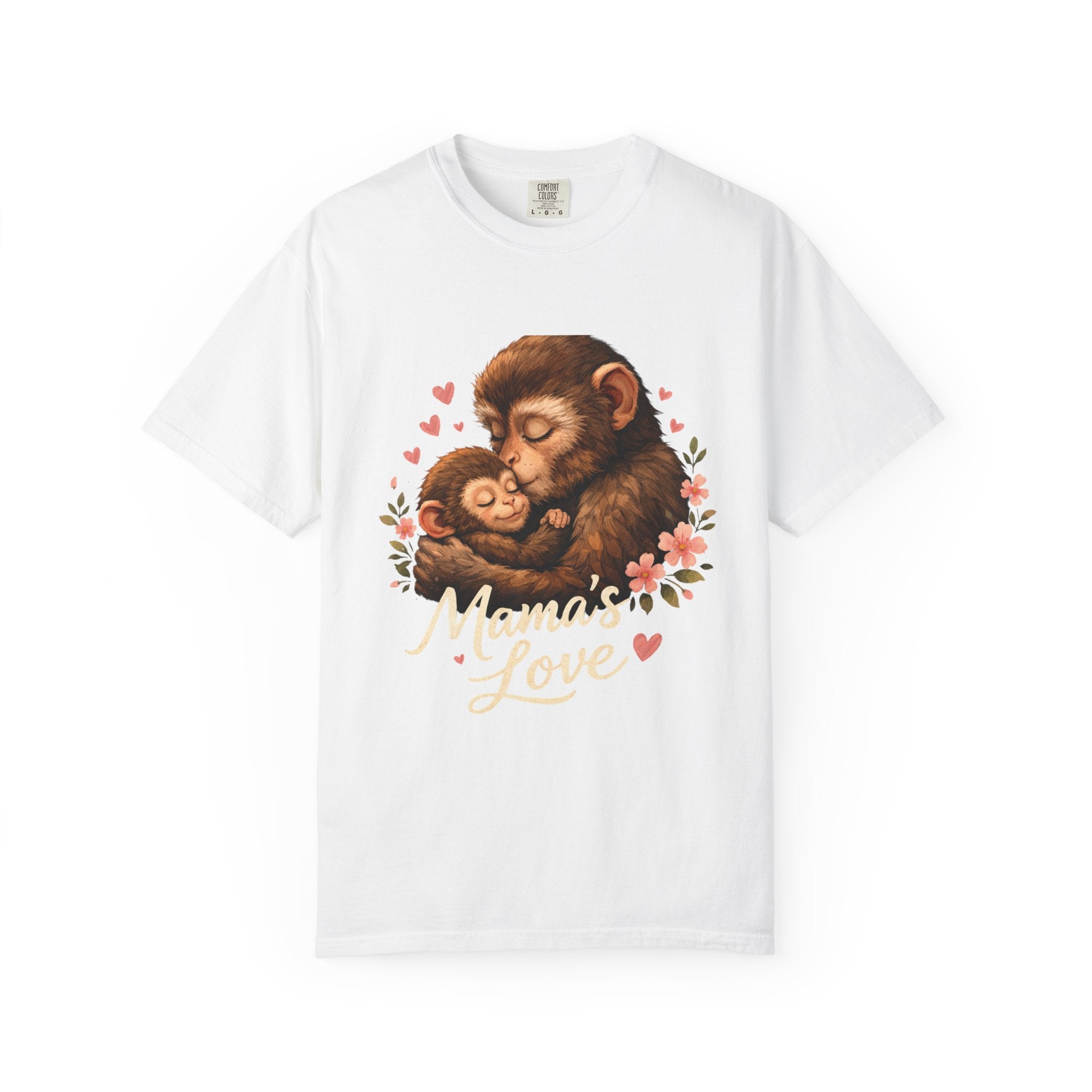 Mama's Love T-Shirt — Cute Mom & Baby Monkey Graphic Tee, a warm hug between parent and child.