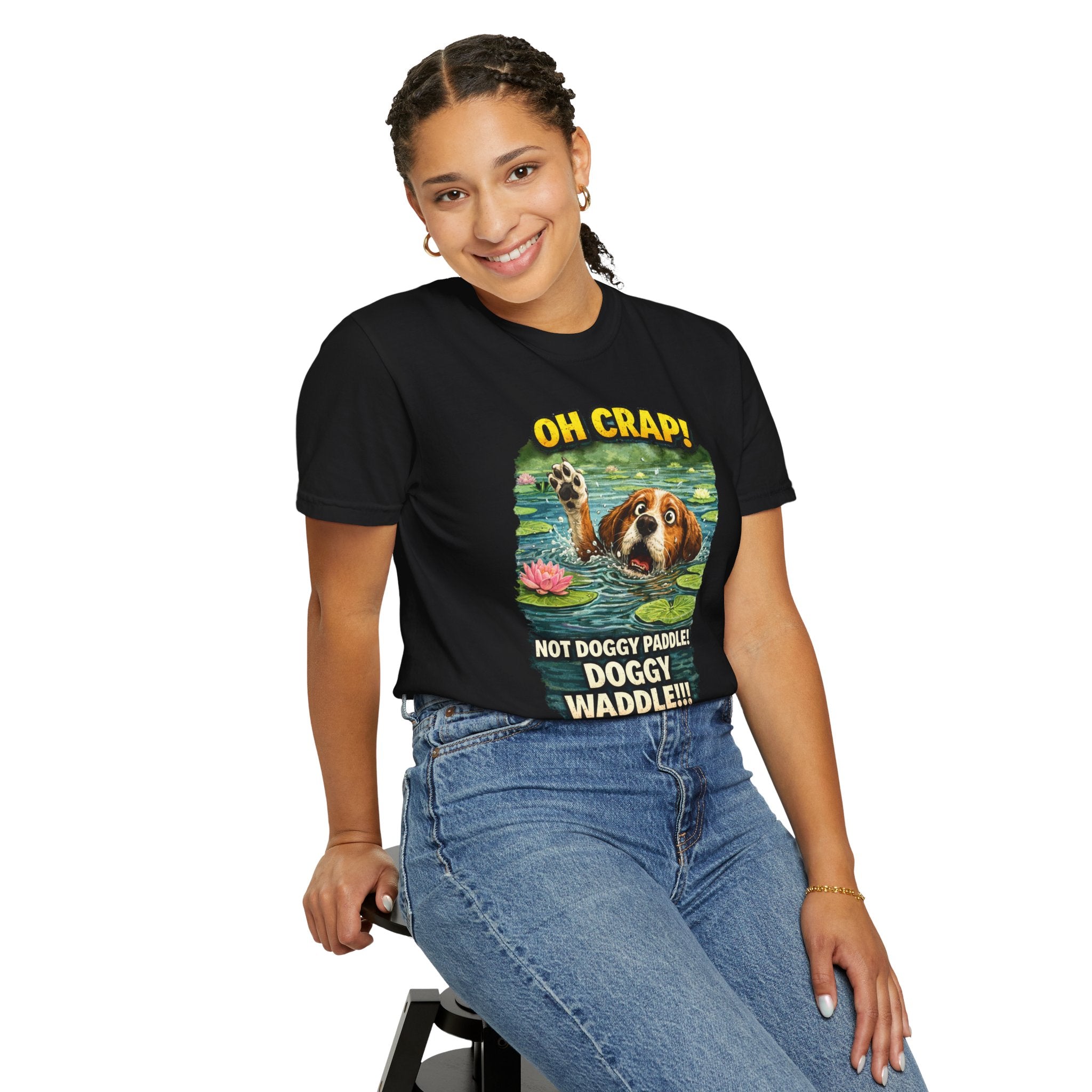 Quirky T-Shirt Doggy Waddle & Quote: Oh Crap! Not Doggie Paddle, Playful pup, Cheeky Caption,