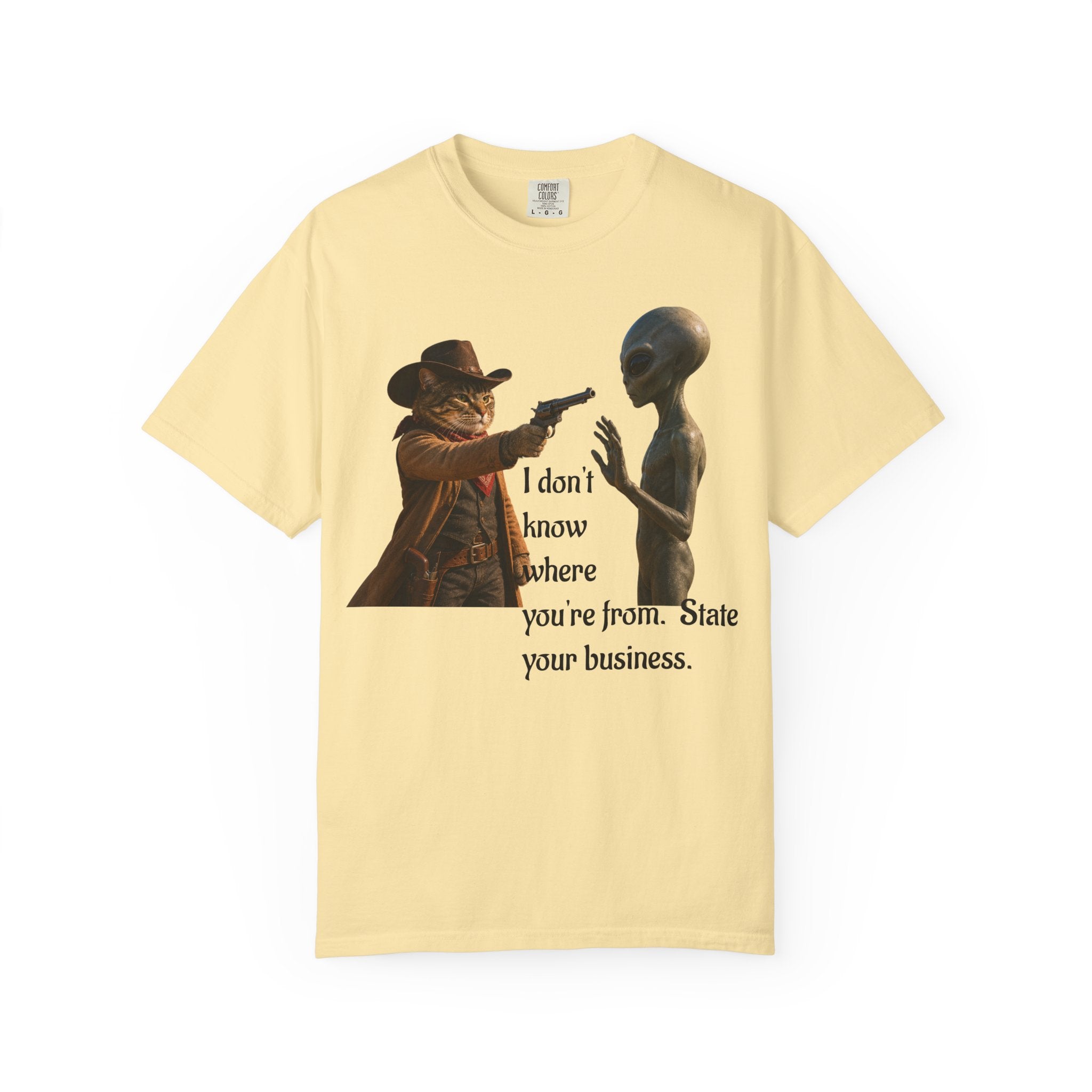 Funny Alien T-Shirt - Cat Cowboy Western Sci-Fi Graphic Tee, Cat Cowboy Meets Alien