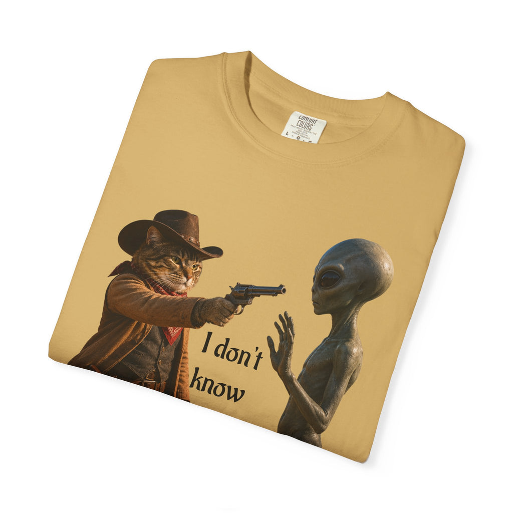 Funny Alien T-Shirt - Cat Cowboy Western Sci-Fi Graphic Tee, Cat Cowboy Meets Alien