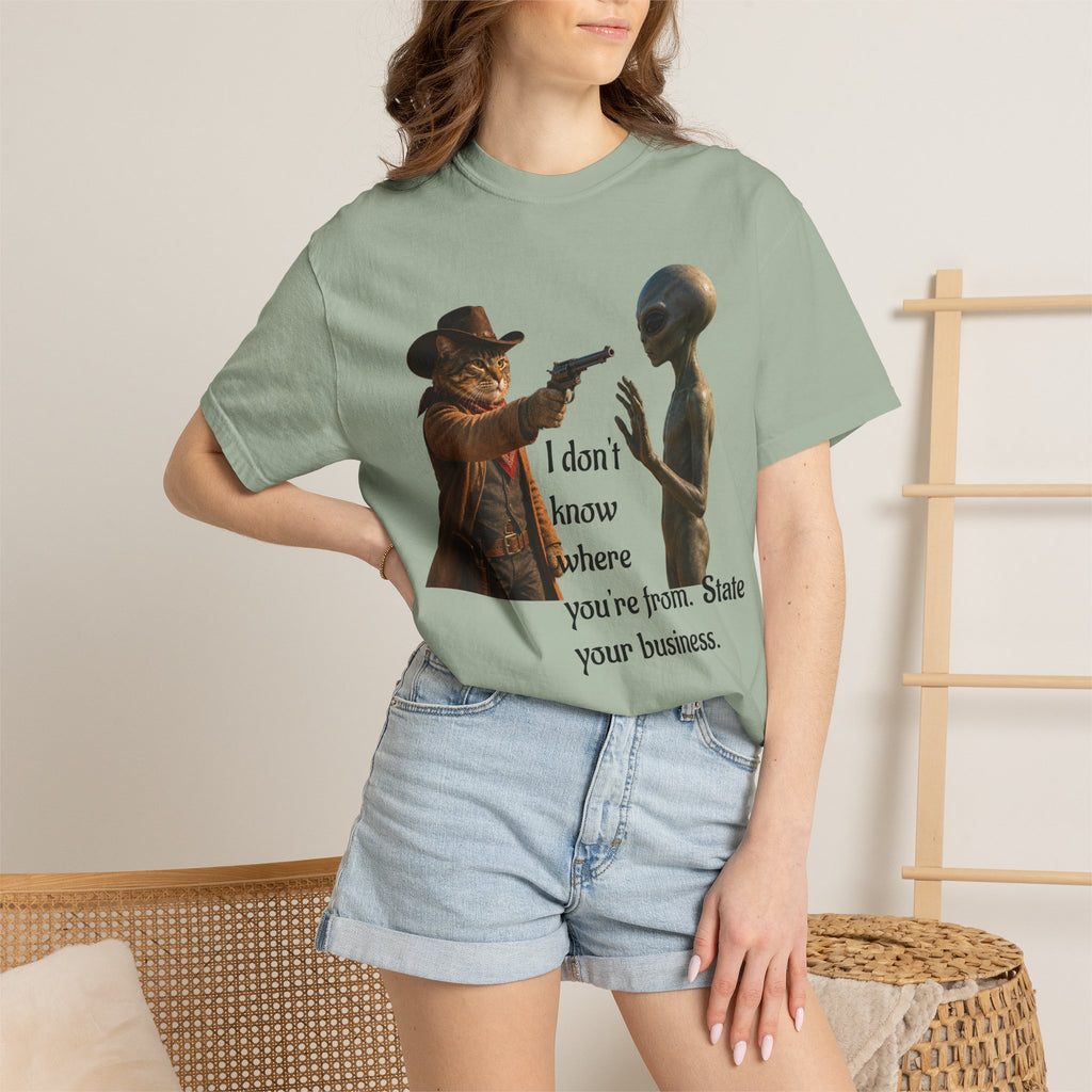 Funny Alien T-Shirt - Cat Cowboy Western Sci-Fi Graphic Tee, Cat Cowboy Meets Alien