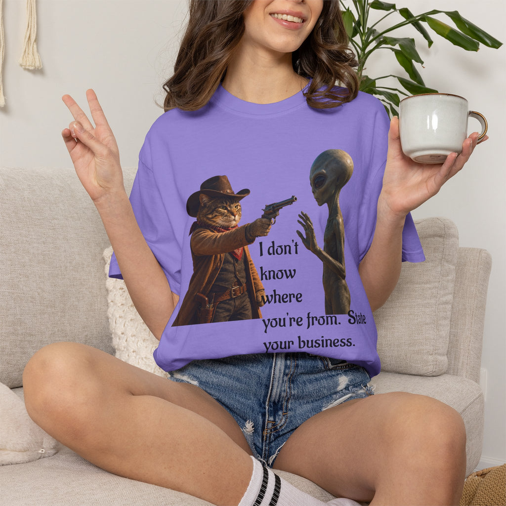 Funny Alien T-Shirt - Cat Cowboy Western Sci-Fi Graphic Tee, Cat Cowboy Meets Alien