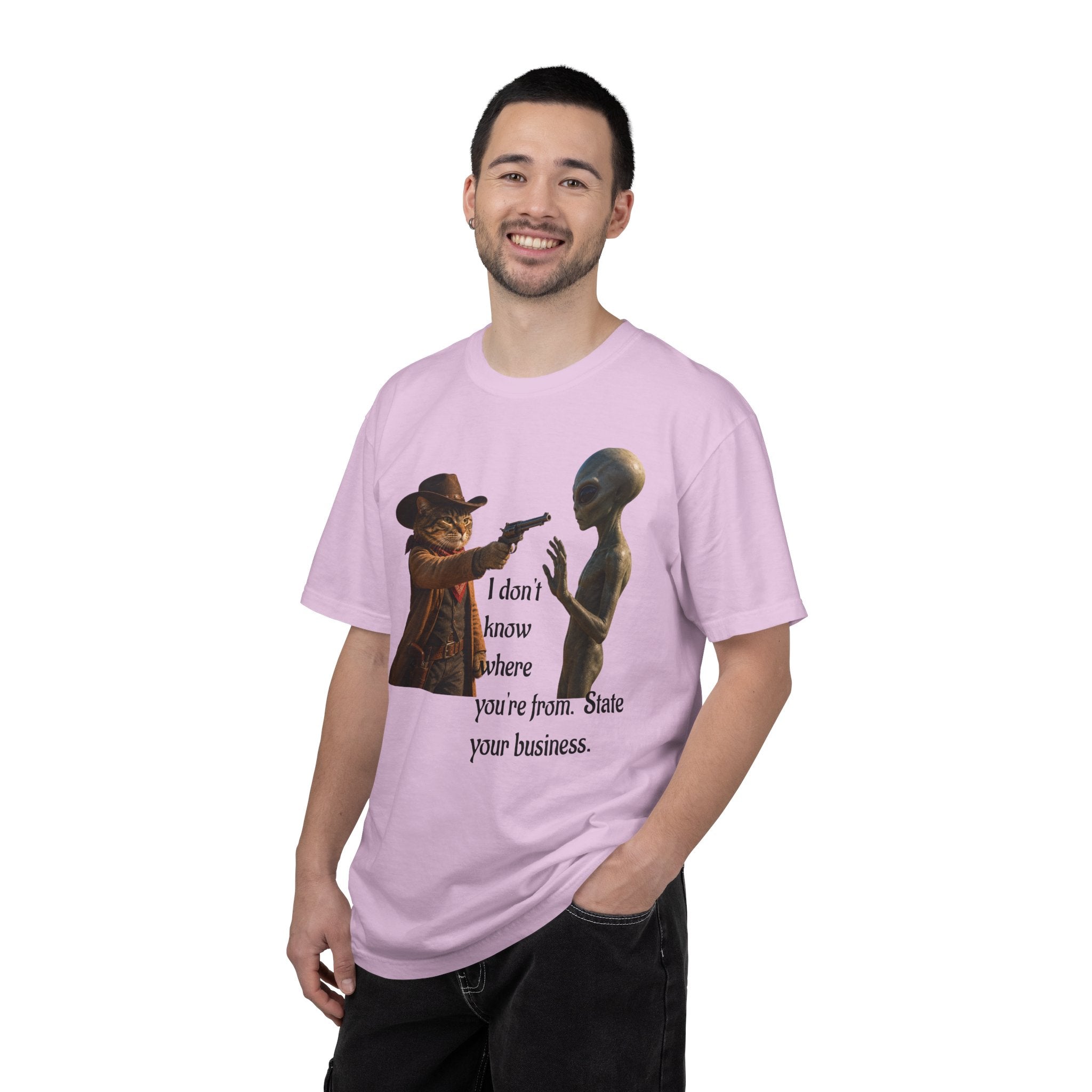 Funny Alien T-Shirt - Cat Cowboy Western Sci-Fi Graphic Tee, Cat Cowboy Meets Alien