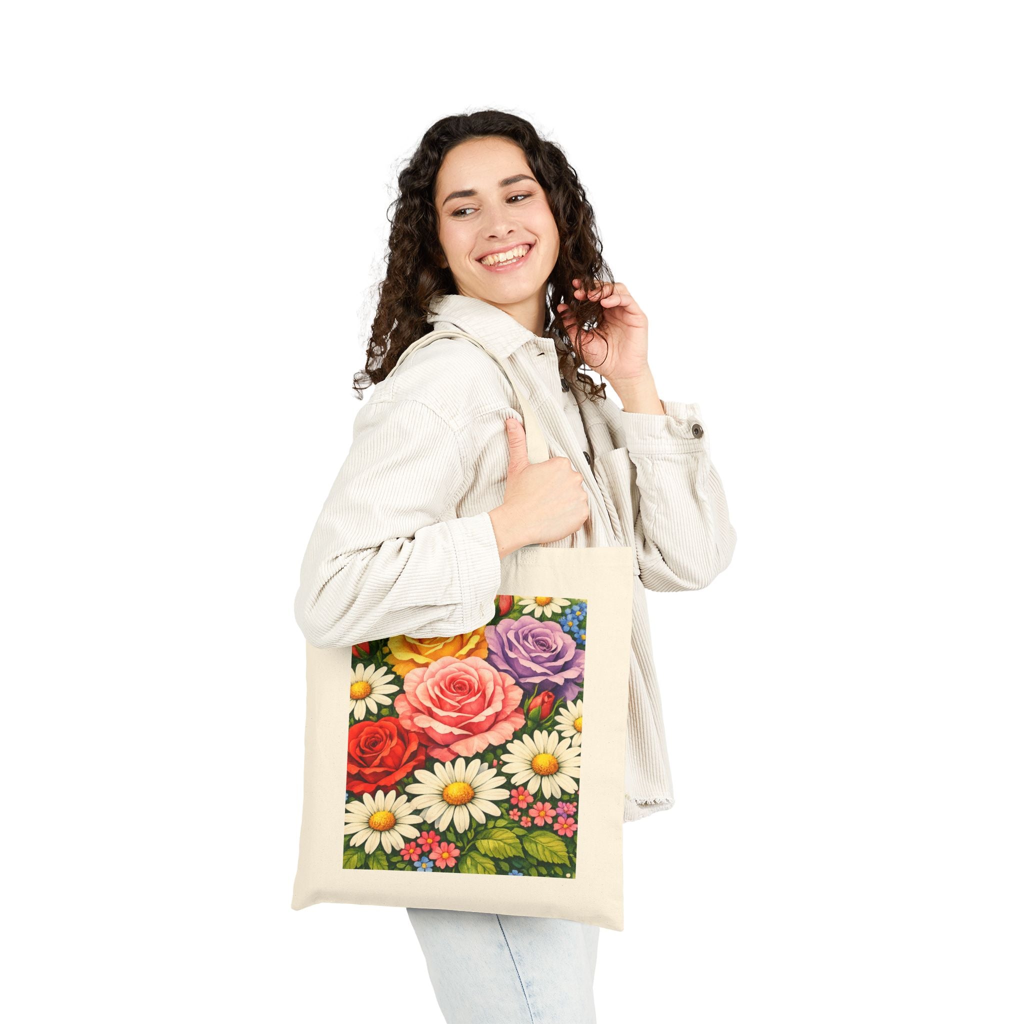 Canvas Tote Bag Colorful Botanical Rose & Daisy Design for Shopping, Outings & Coffee Dates