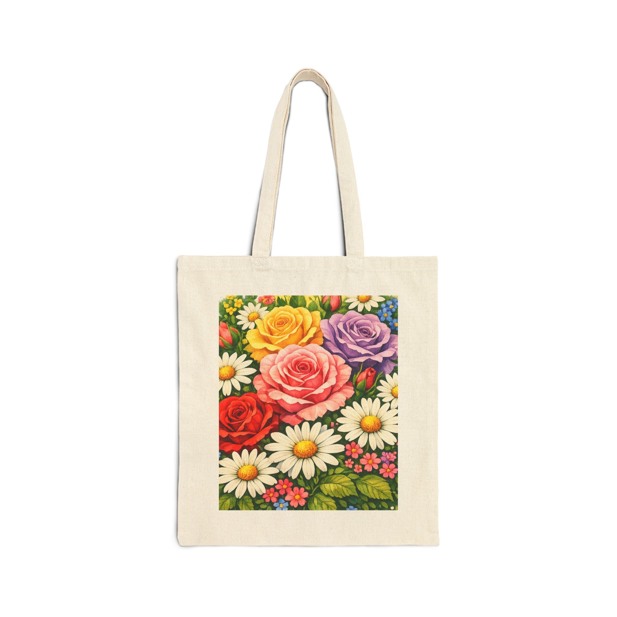 Canvas Tote Bag Colorful Botanical Rose & Daisy Design for Shopping, Outings & Coffee Dates