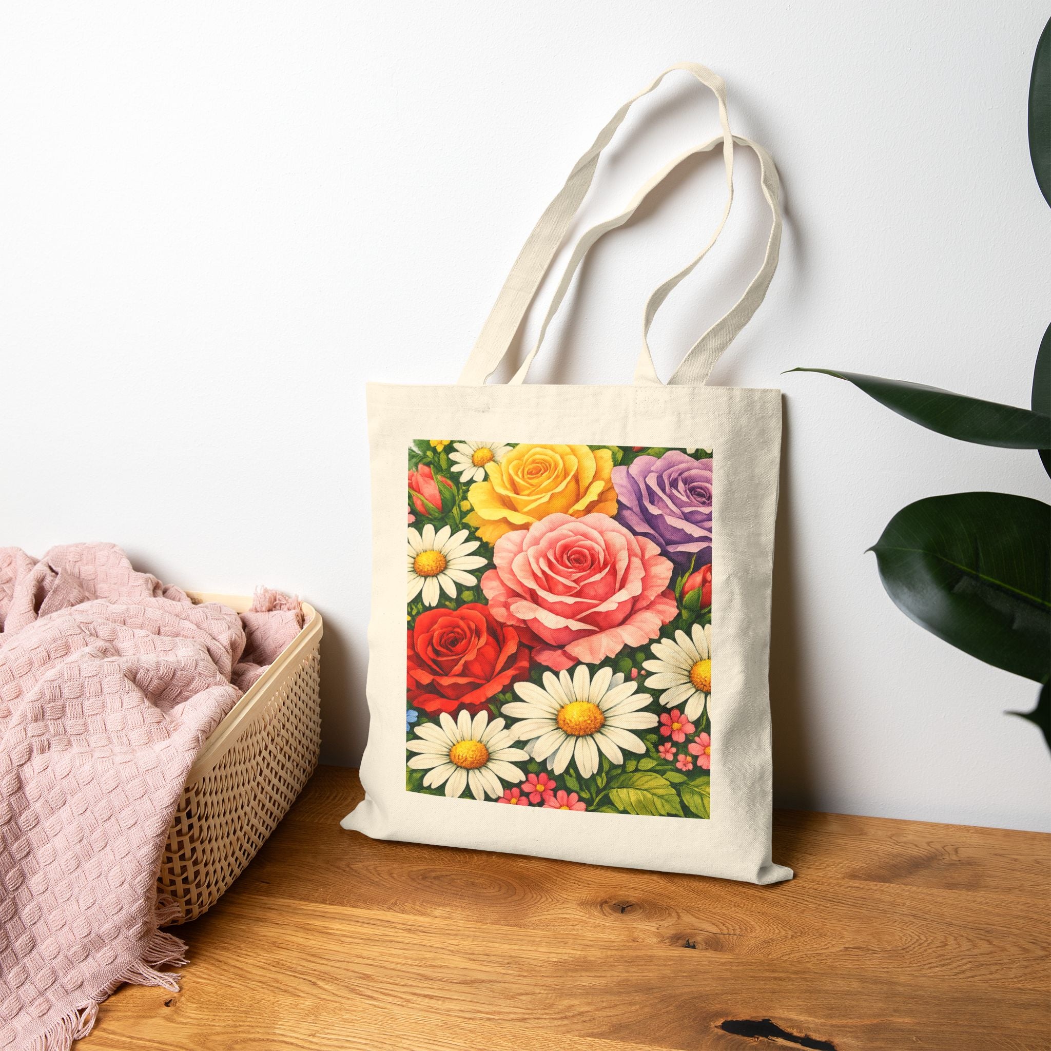 Canvas Tote Bag Colorful Botanical Rose & Daisy Design for Shopping, Outings & Coffee Dates