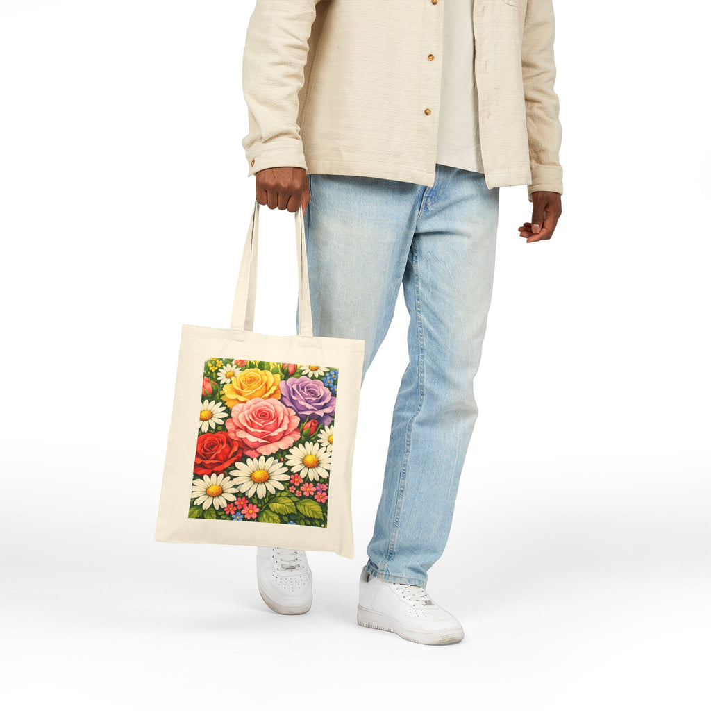 Canvas Tote Bag Colorful Botanical Rose & Daisy Design for Shopping, Outings & Coffee Dates