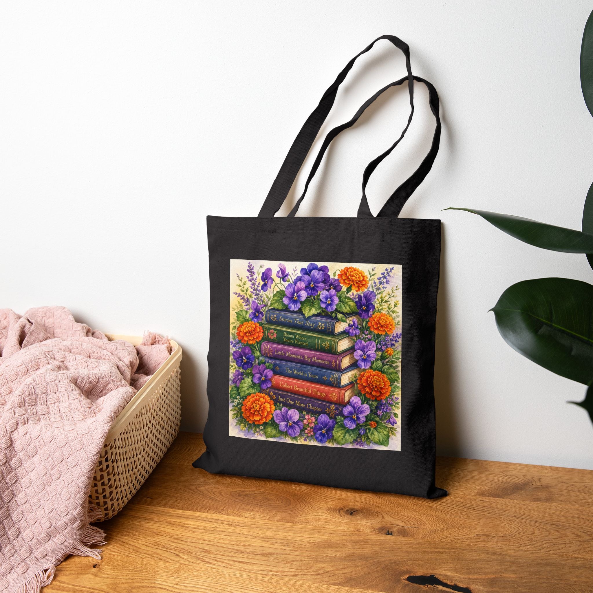 Floral Stacked Books Canvas Tote — Book Lover Garden Bag - Heavy 12 oz canvas holds its shape and weight