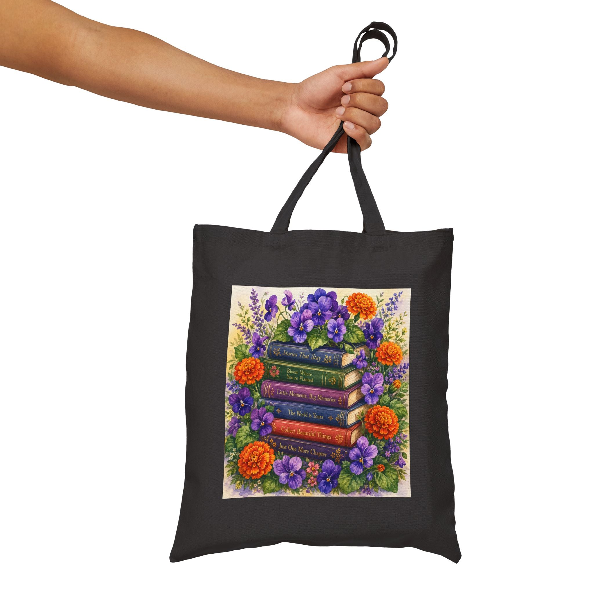 Floral Stacked Books Canvas Tote — Book Lover Garden Bag - Heavy 12 oz canvas holds its shape and weight