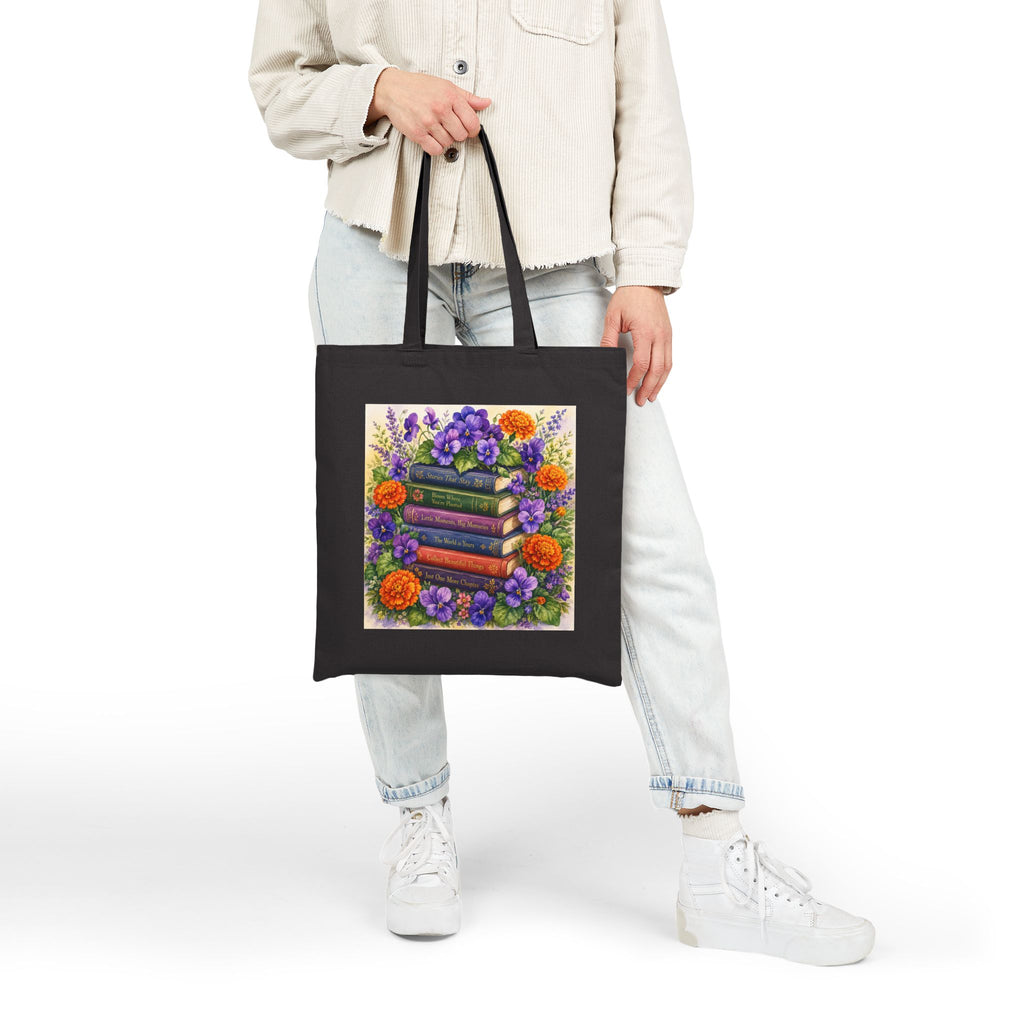 Floral Stacked Books Canvas Tote — Book Lover Garden Bag - Heavy 12 oz canvas holds its shape and weight