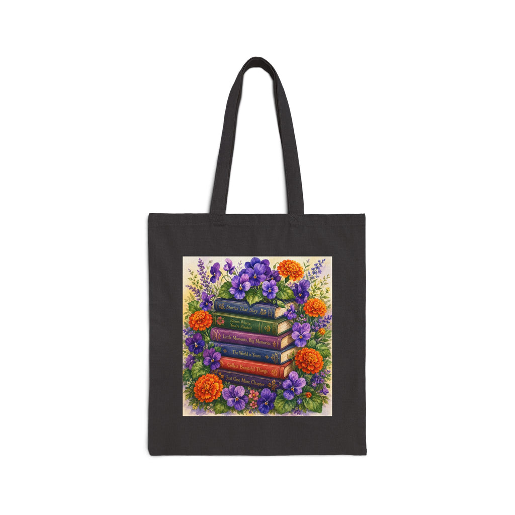 Floral Stacked Books Canvas Tote — Book Lover Garden Bag - Heavy 12 oz canvas holds its shape and weight