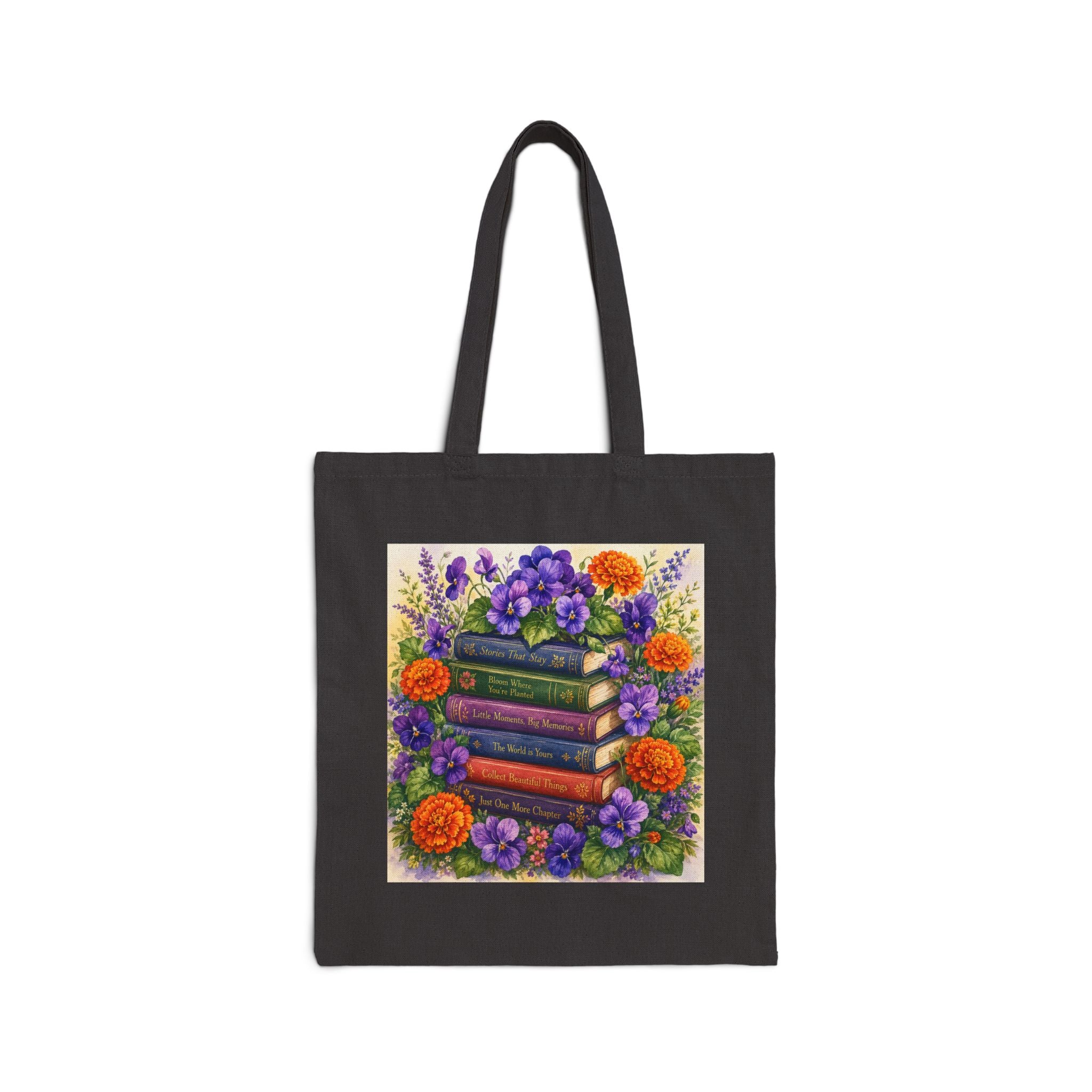 Floral Stacked Books Canvas Tote — Book Lover Garden Bag - Heavy 12 oz canvas holds its shape and weight