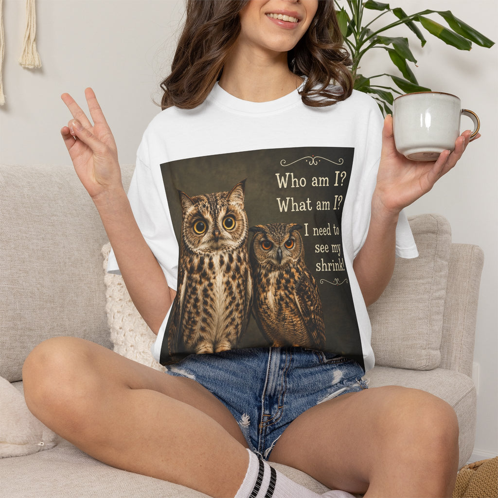 T-Shirt - Cat-Owl Pair with 'What Am I?' Quote for Pet Lovers - Ideal for cat and owl lovers alike