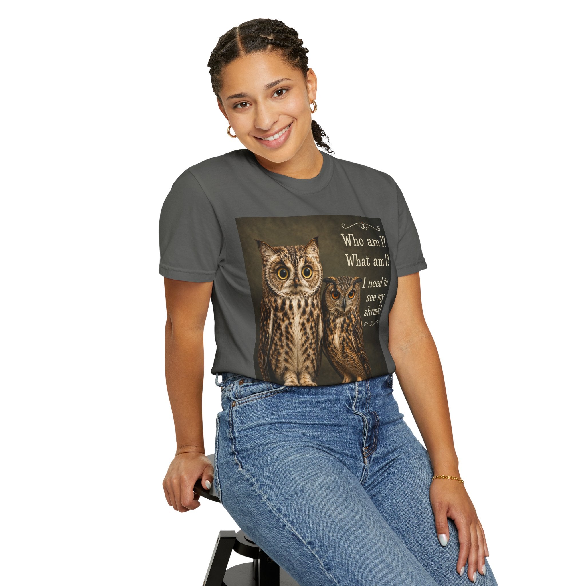 T-Shirt - Cat-Owl Pair with 'What Am I?' Quote for Pet Lovers - Ideal for cat and owl lovers alike