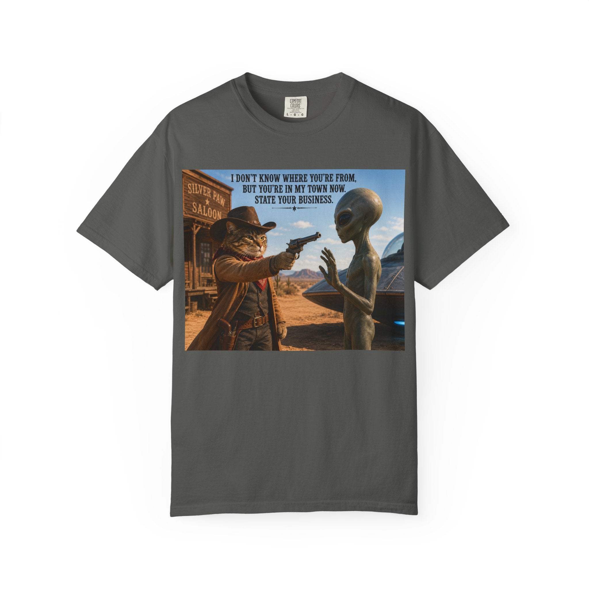 Unisex Garment-Dyed T-shirt - Perfect for cat lovers and sci-fi enthusiasts alike, it’s a fun addition to any wardrobe.