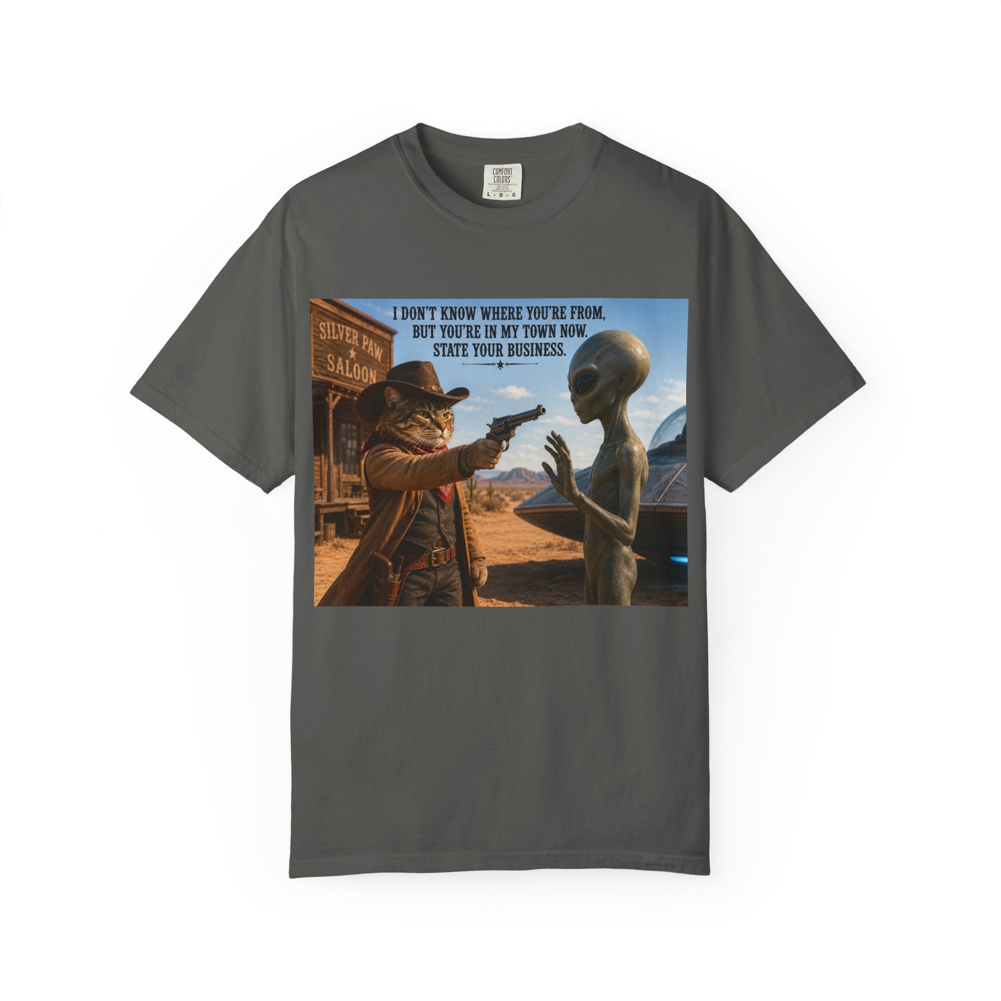 Funny Cat Cowboy, Alien T-Shirt - Western Sci-Fi Graphic Tee, Cat Cowboy Meets Alien