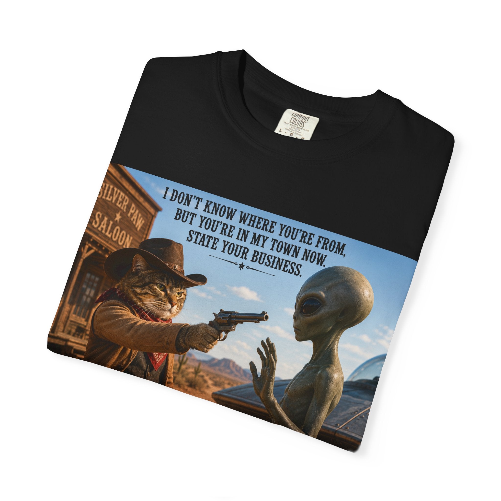 Unisex Garment-Dyed T-shirt - Perfect for cat lovers and sci-fi enthusiasts alike, it’s a fun addition to any wardrobe.