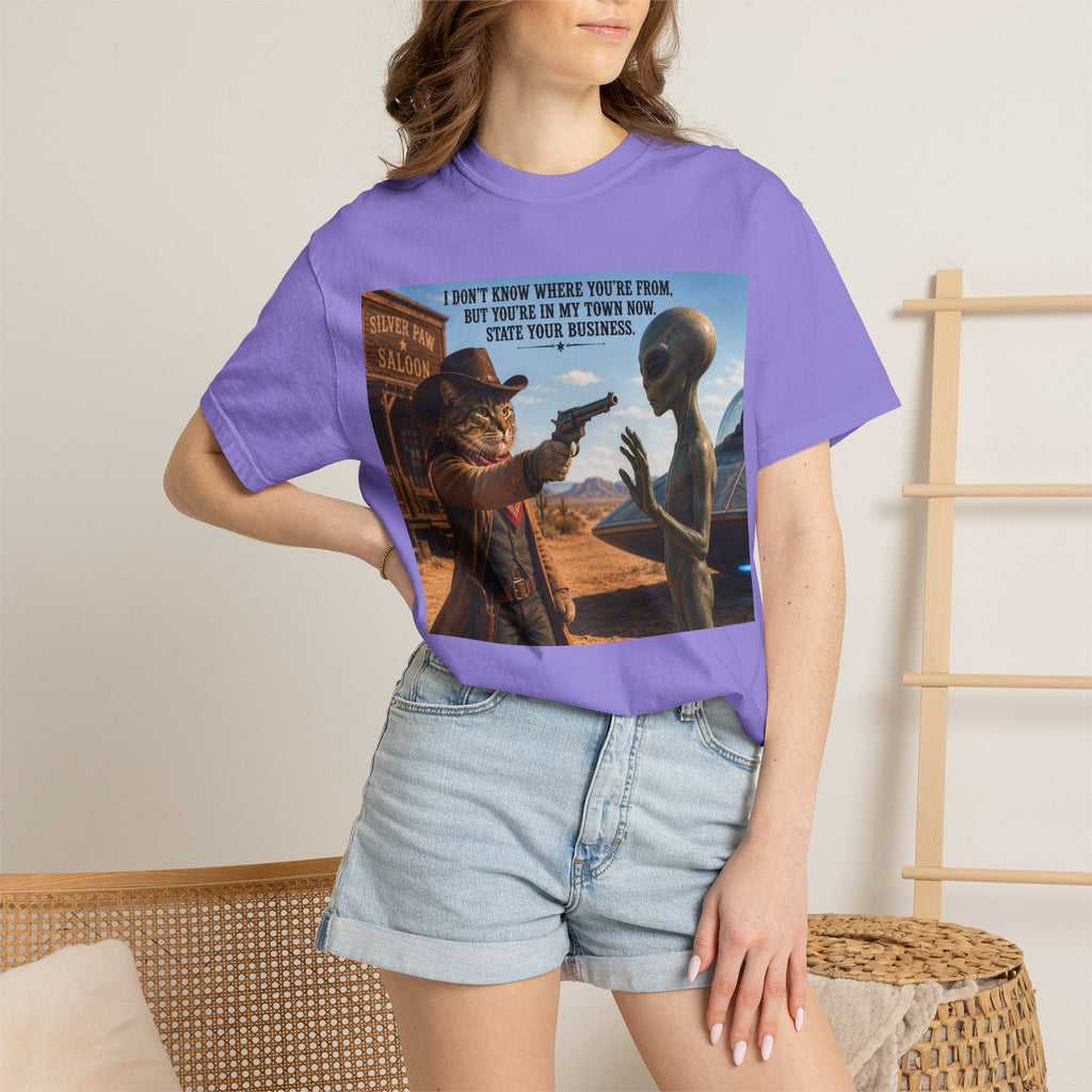 Unisex Garment-Dyed T-shirt - Perfect for cat lovers and sci-fi enthusiasts alike, it’s a fun addition to any wardrobe.