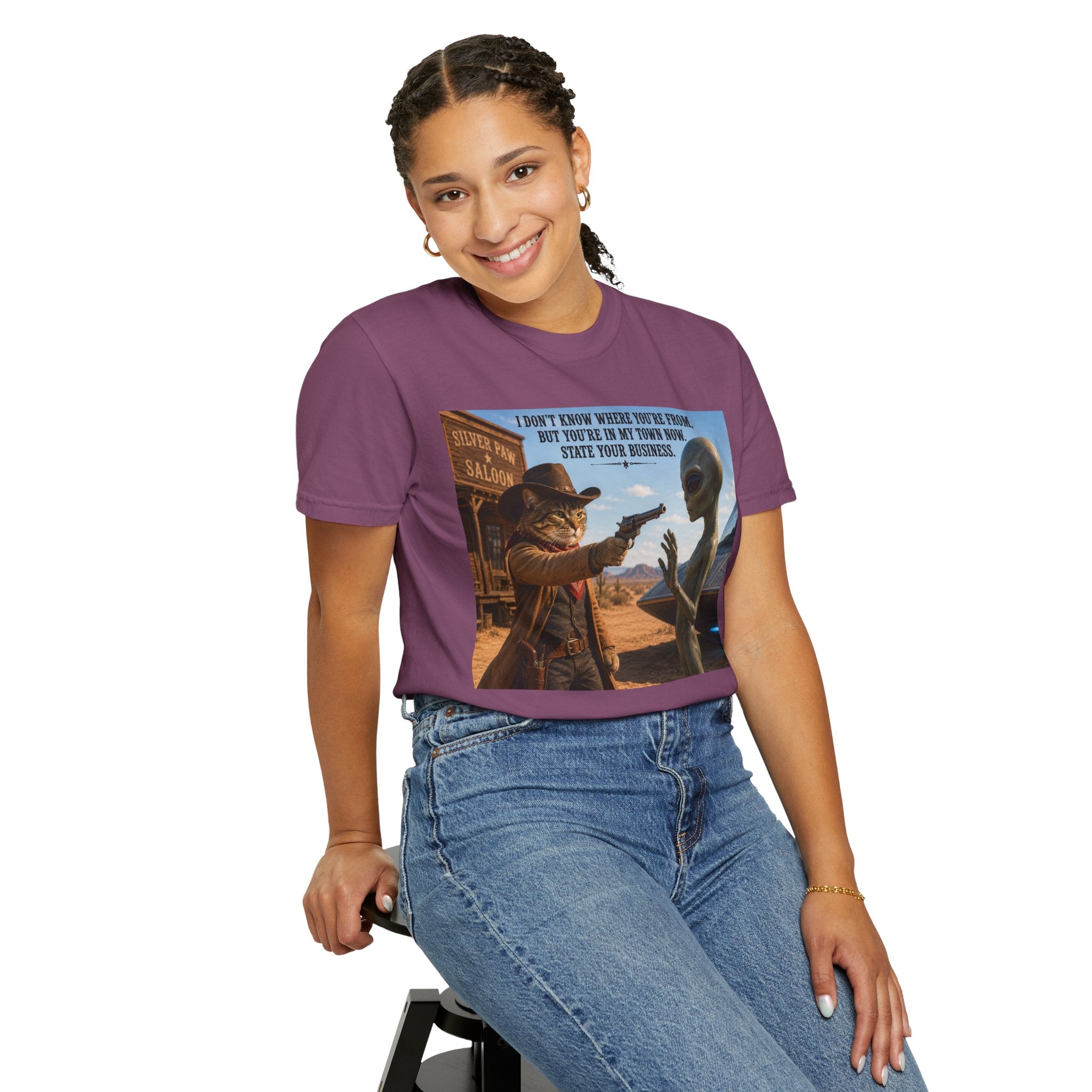 Unisex Garment-Dyed T-shirt - Perfect for cat lovers and sci-fi enthusiasts alike, it’s a fun addition to any wardrobe.