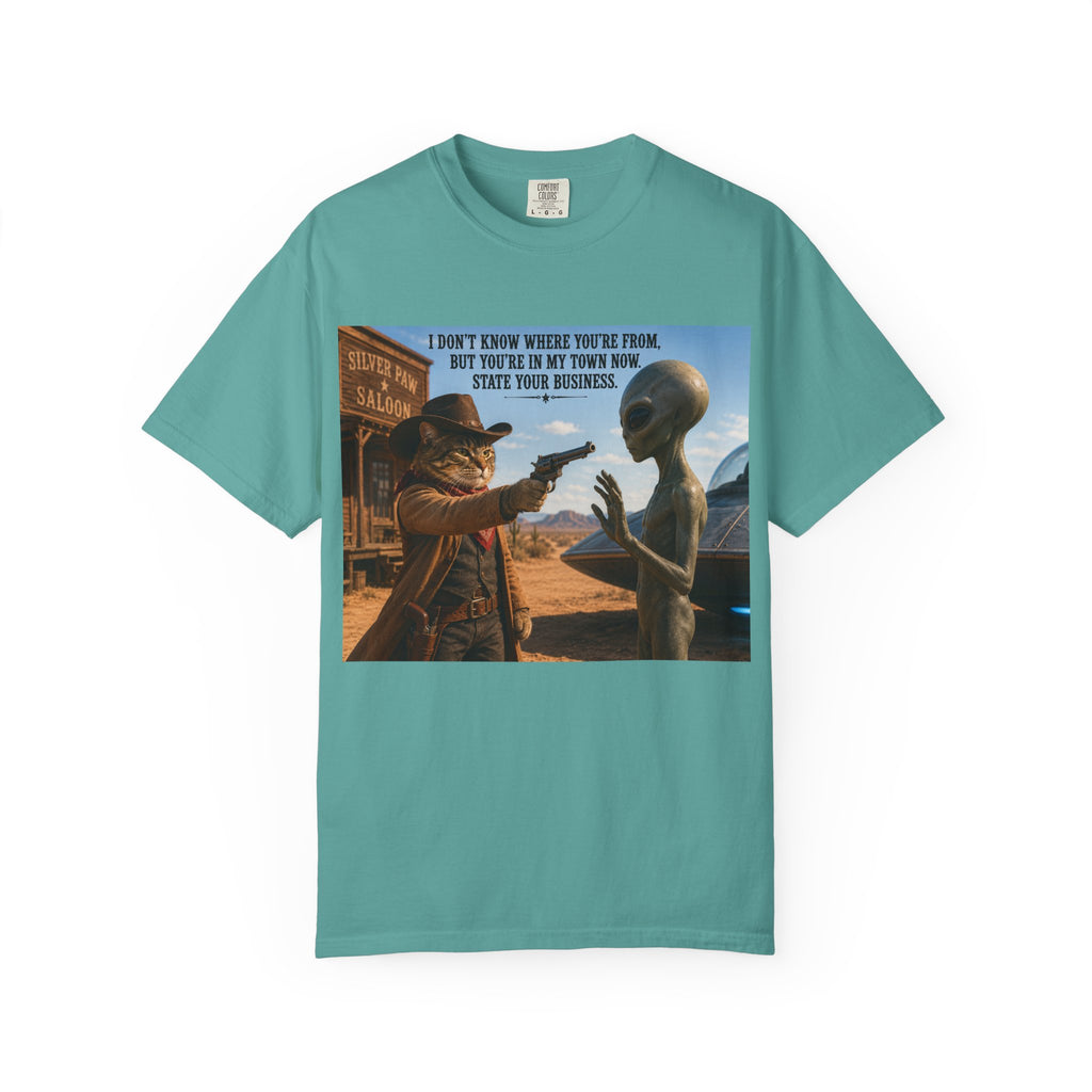 Funny Cat Cowboy, Alien T-Shirt - Western Sci-Fi Graphic Tee, Cat Cowboy Meets Alien