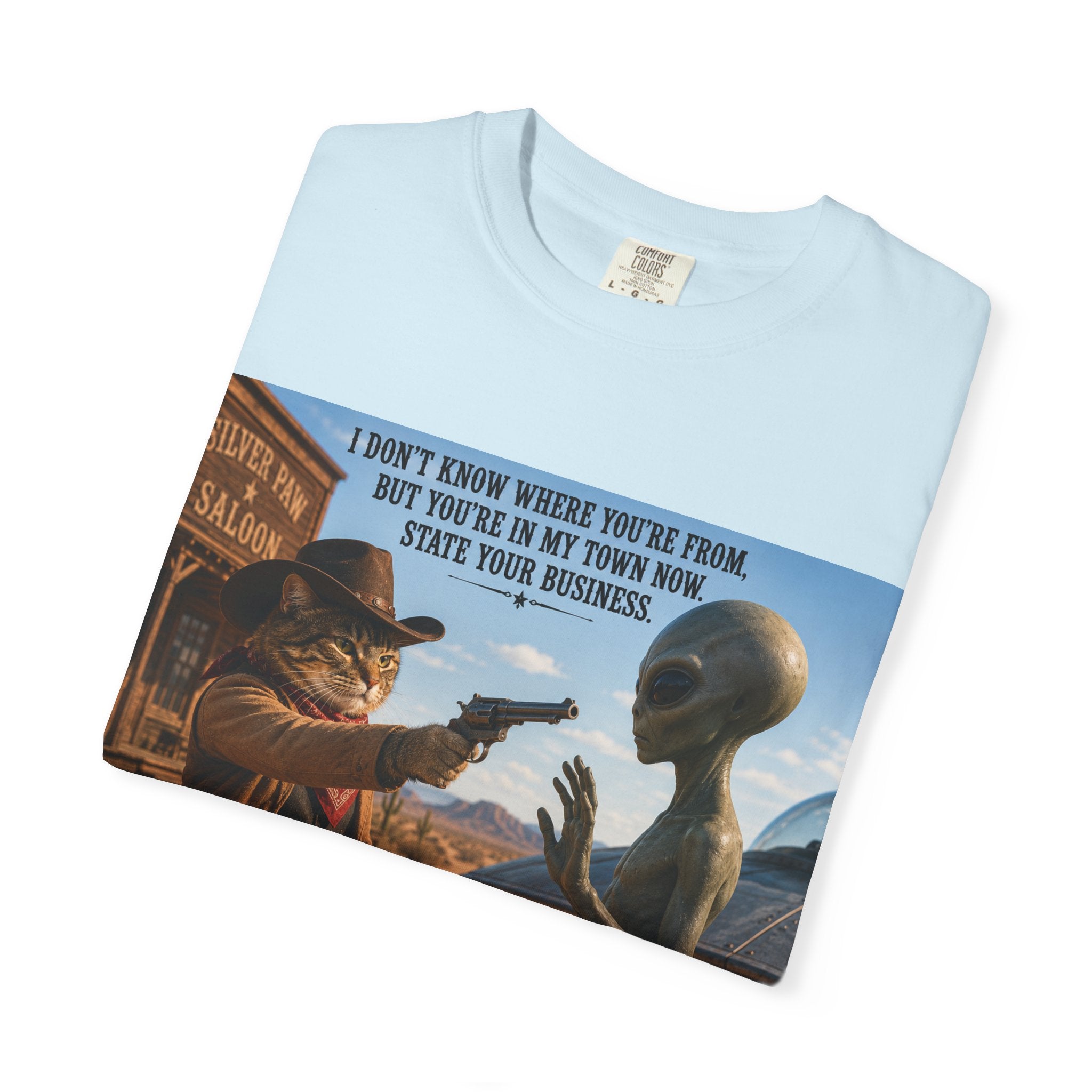 Funny Cat Cowboy, Alien T-Shirt - Western Sci-Fi Graphic Tee, Cat Cowboy Meets Alien