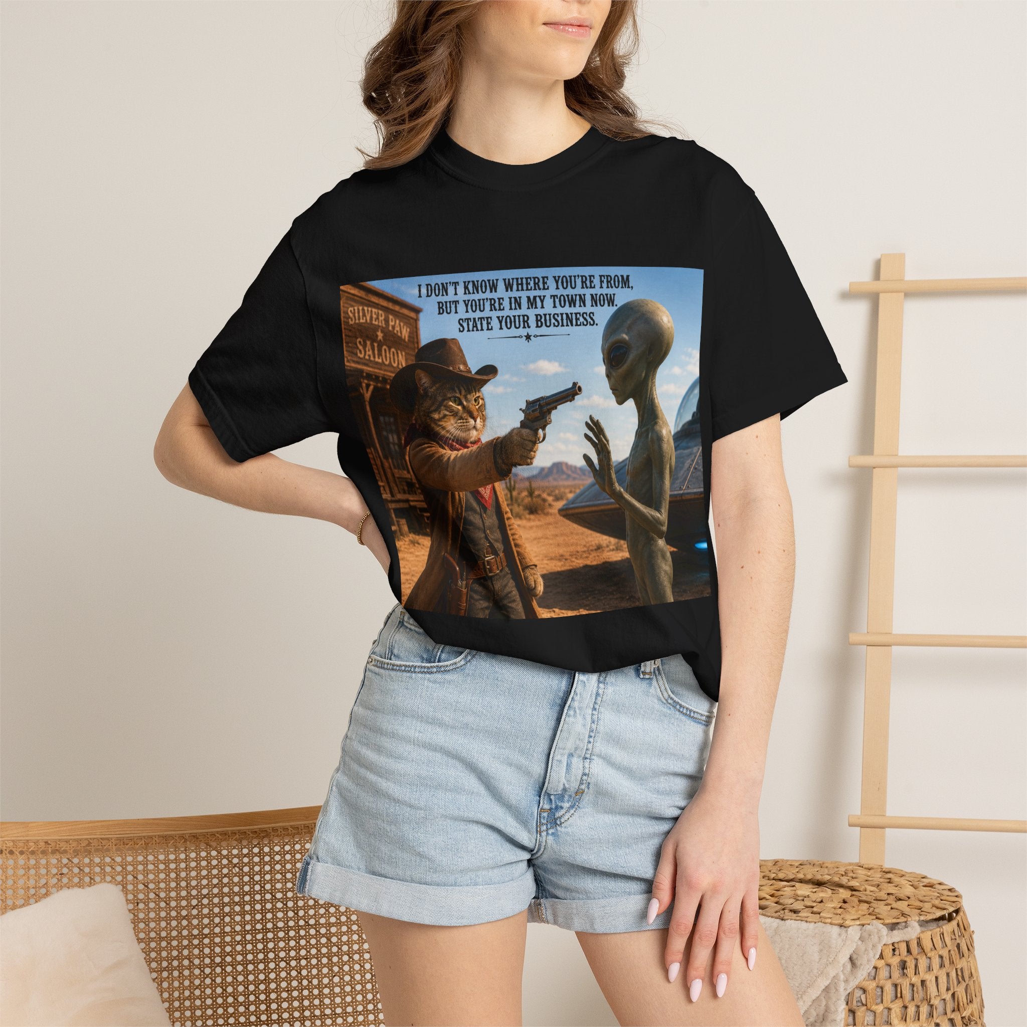 Funny Cat Cowboy, Alien T-Shirt - Western Sci-Fi Graphic Tee, Cat Cowboy Meets Alien